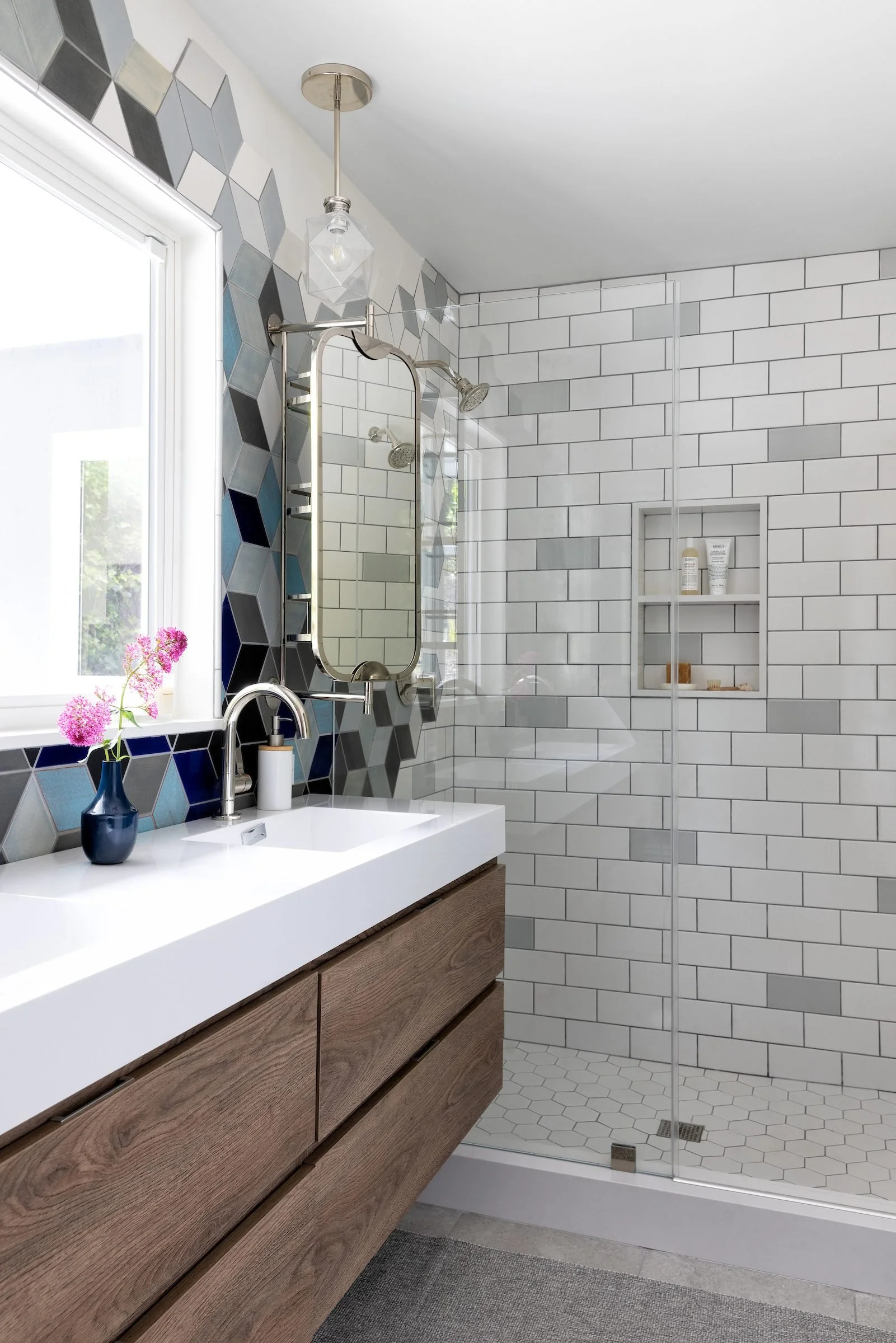 Rockridge Residence Modern Intricate Blue Gray Mosaic Tile Bathroom Design by Refined Interiors, East San Francisco Bay, CA