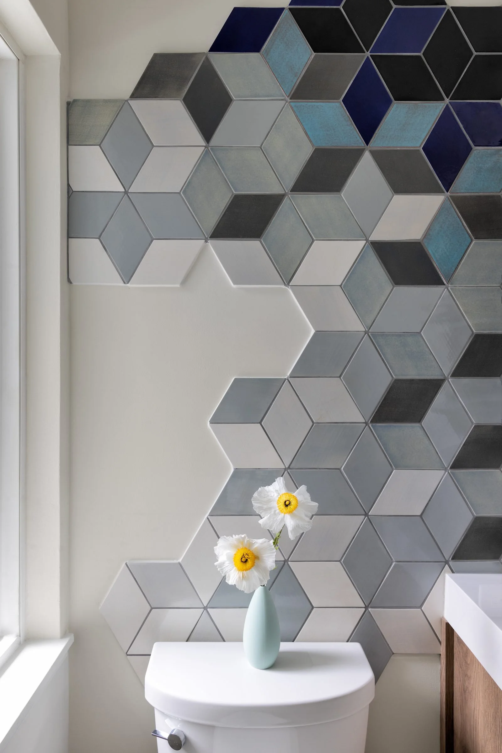 Rockridge Residence Modern Intricate Blue Gray Mosaic Tile Bathroom Design by Refined Interiors, East San Francisco Bay, CA