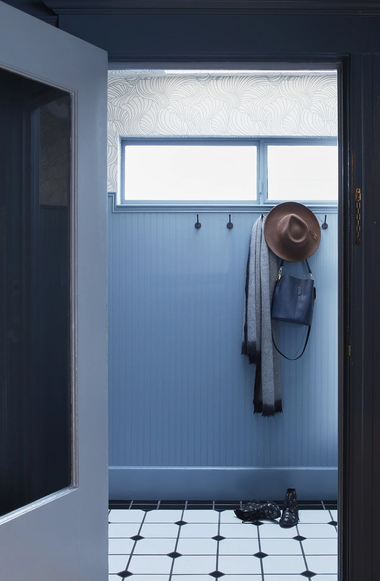 Alameda Residence, Modern Eclectic Blue Craftsman Mudroom Entryway Interior Design by Refined Interiors in East Bay, Wallpaper Ceiling Design