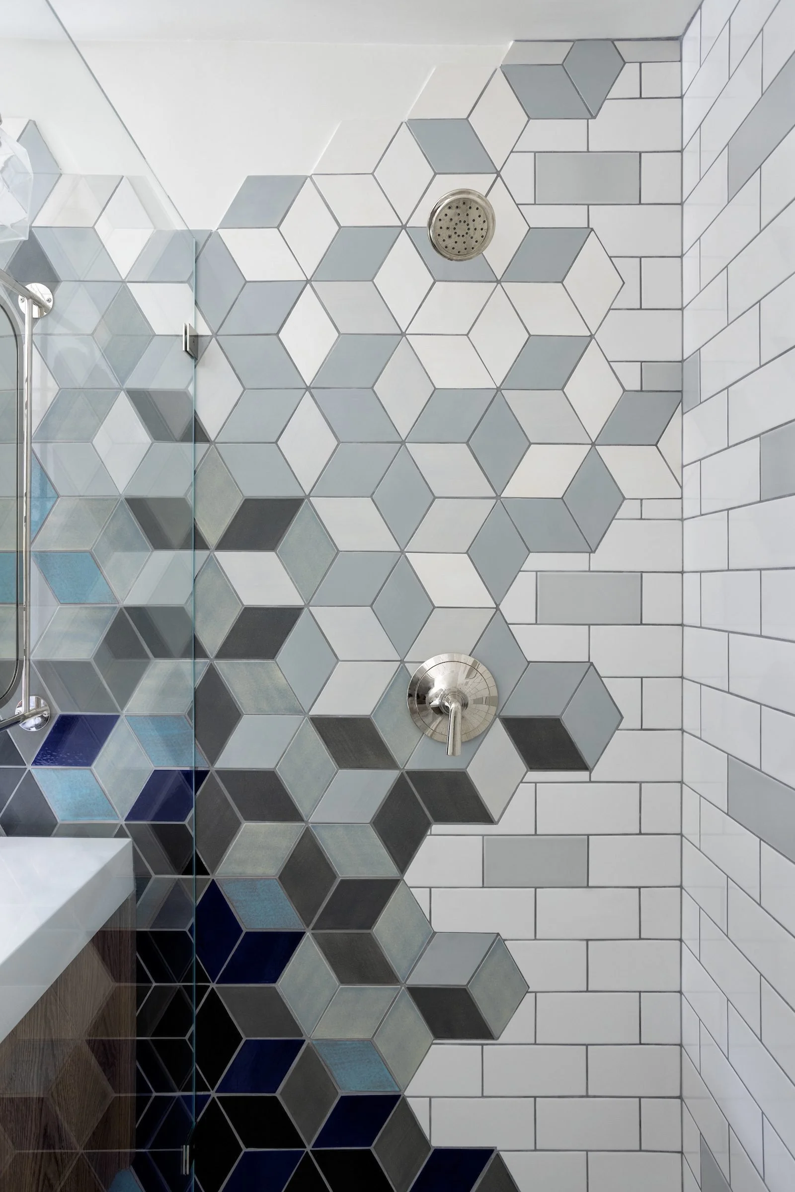 Rockridge Residence Modern Intricate Blue Gray Mosaic Tile Bathroom Design by Refined Interiors, East San Francisco Bay, CA