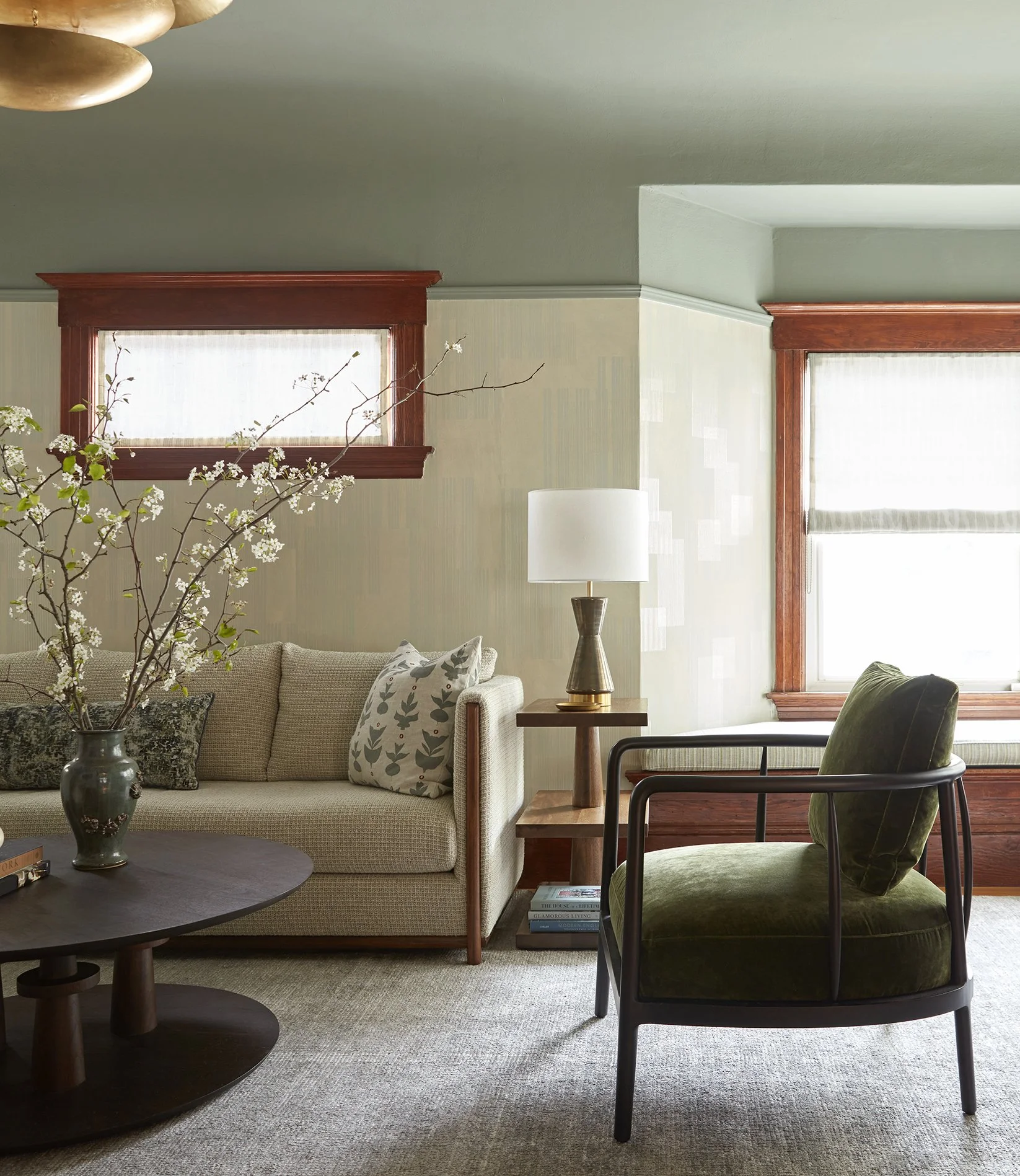 Alameda Residence, Modern Warm Cozy Craftsman Green Living Room Interior Design by Refined Interiors in East Bay, California