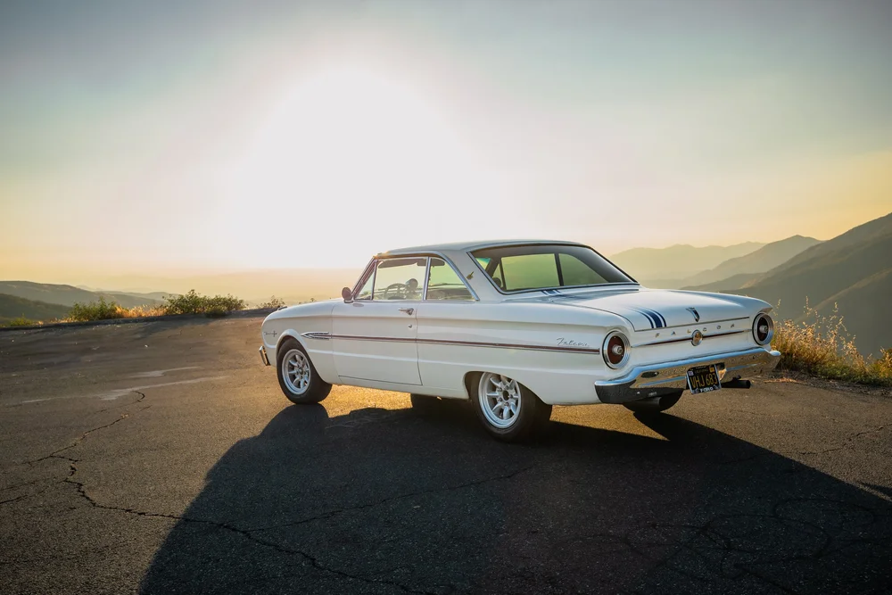 1963 Ford Falcon Sprint photographed for Bring a Trailer listing at sunset in Riverside County