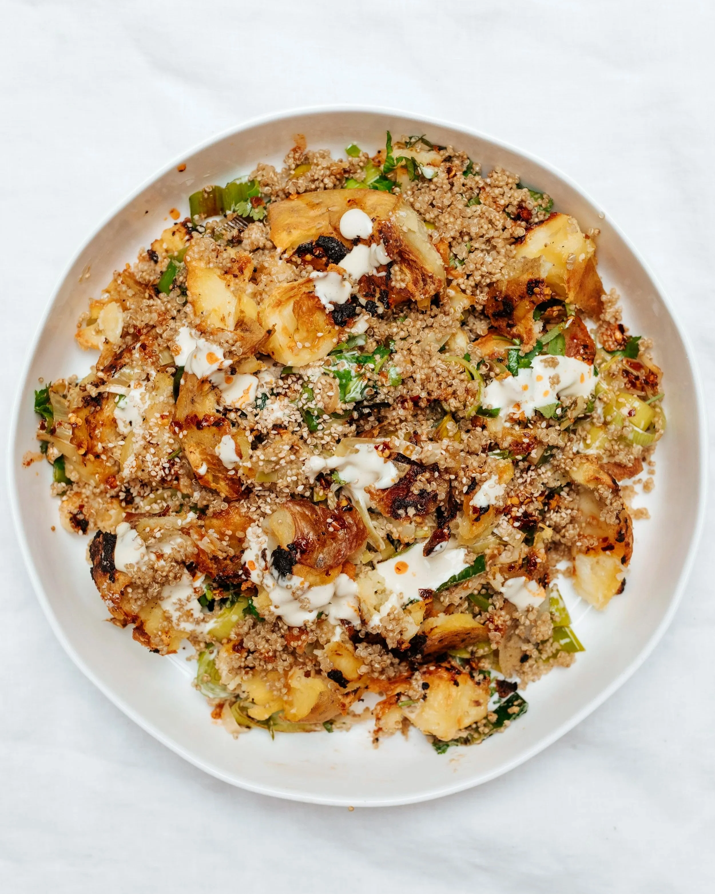 Miso Butter Smashed Potatoes, Quinoa + Chilli