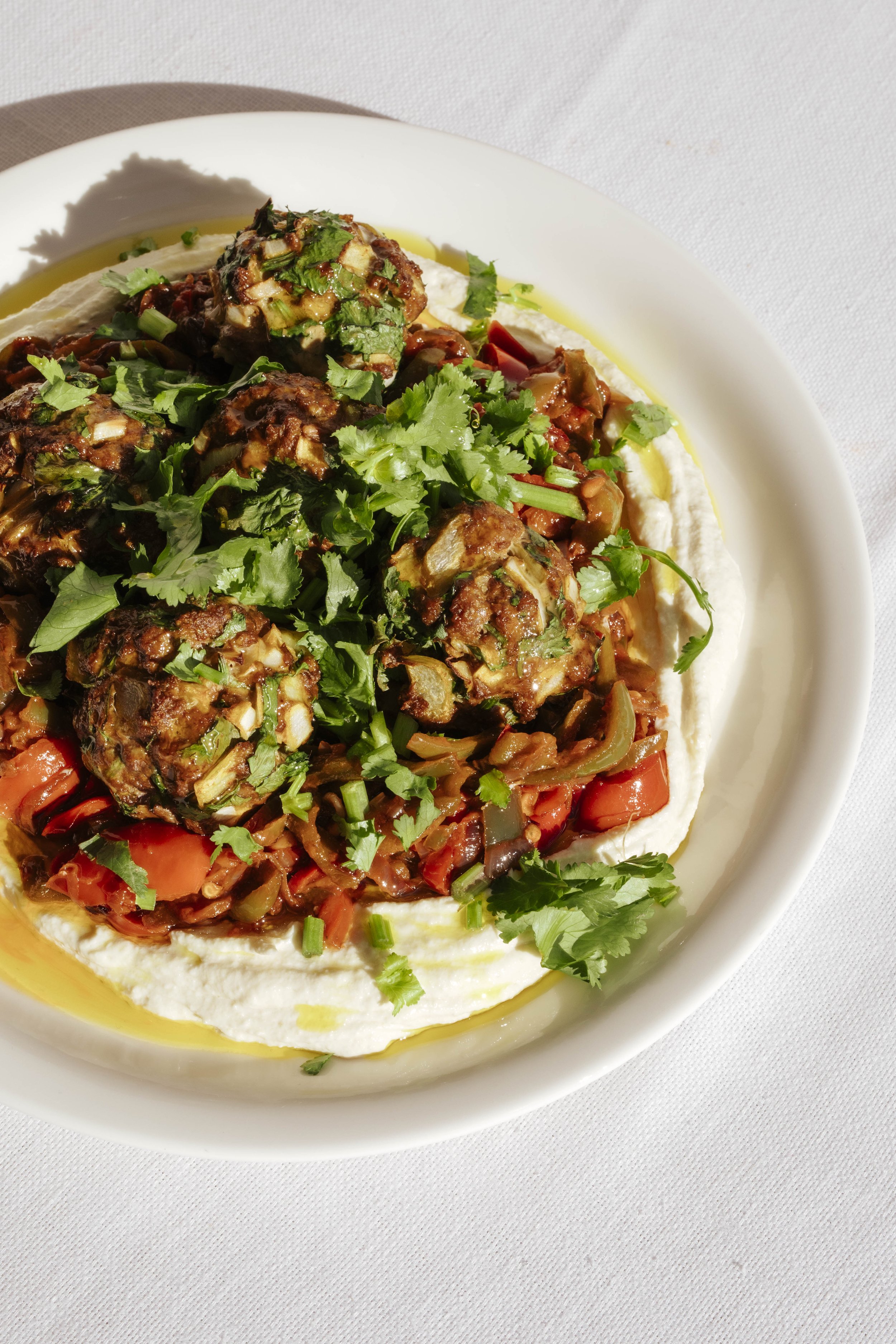 Lamb Meatballs with Jammy Capsicums + Whipped Feta