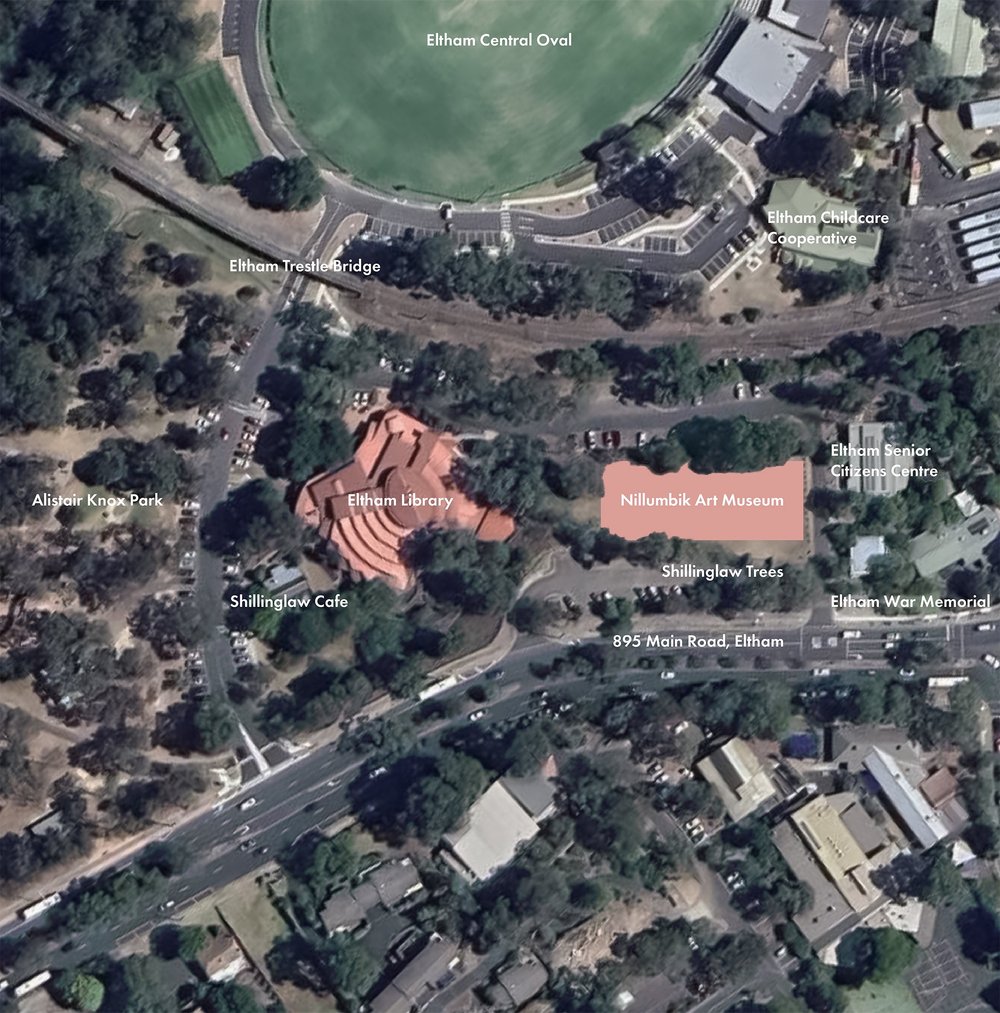 Map showing the proposed Nillumbik Art Museum site at 895 Main Road, Eltham, beside Eltham Library and railway station.