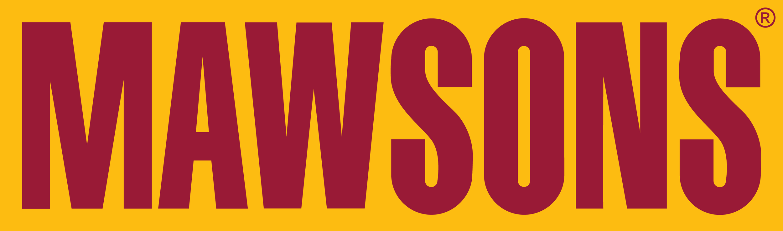 Bold maroon text 'MAWSONS' on a yellow background.
