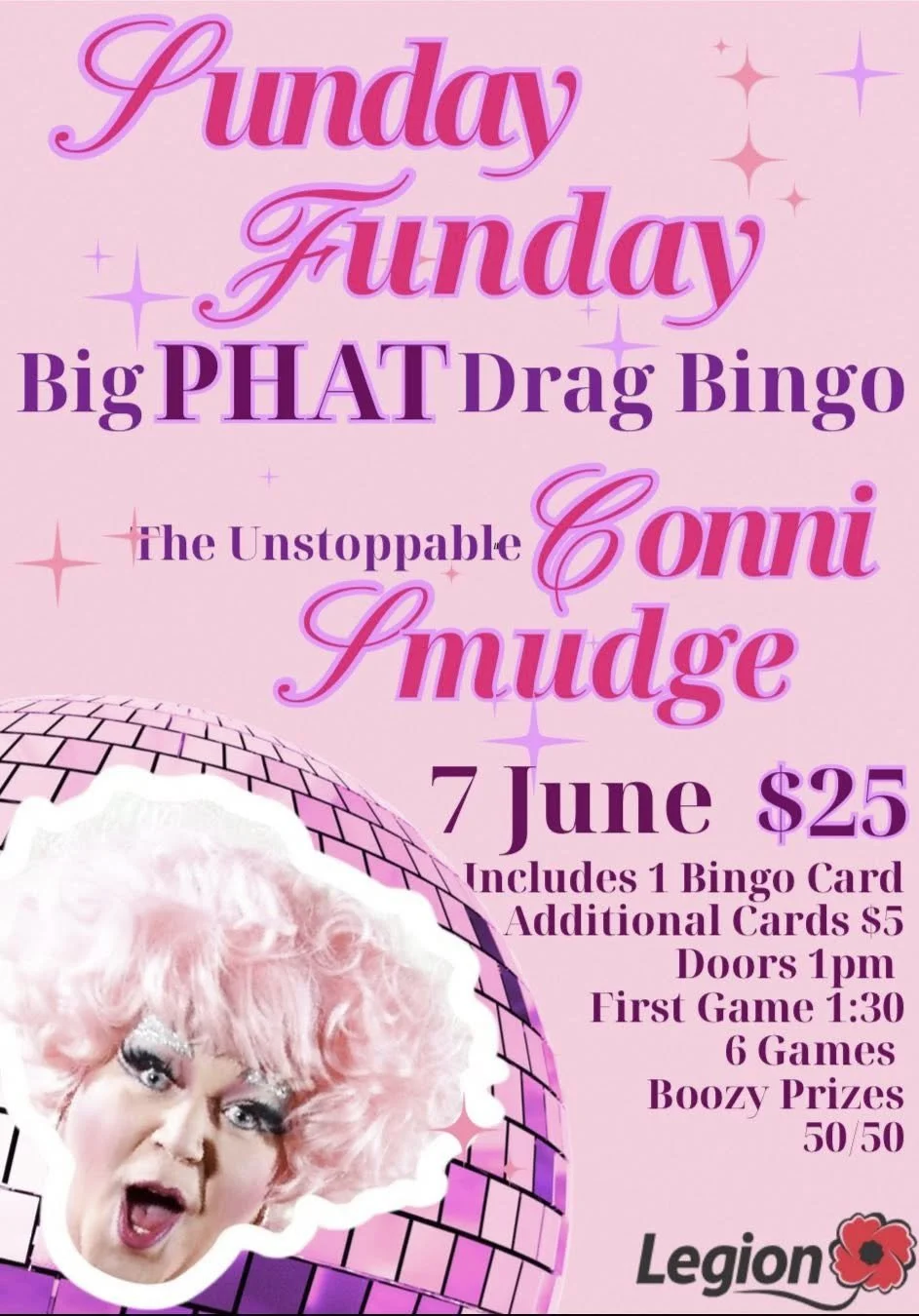 Sunday Funday with the unstoppable Conni Smudge Drag Bingo!
