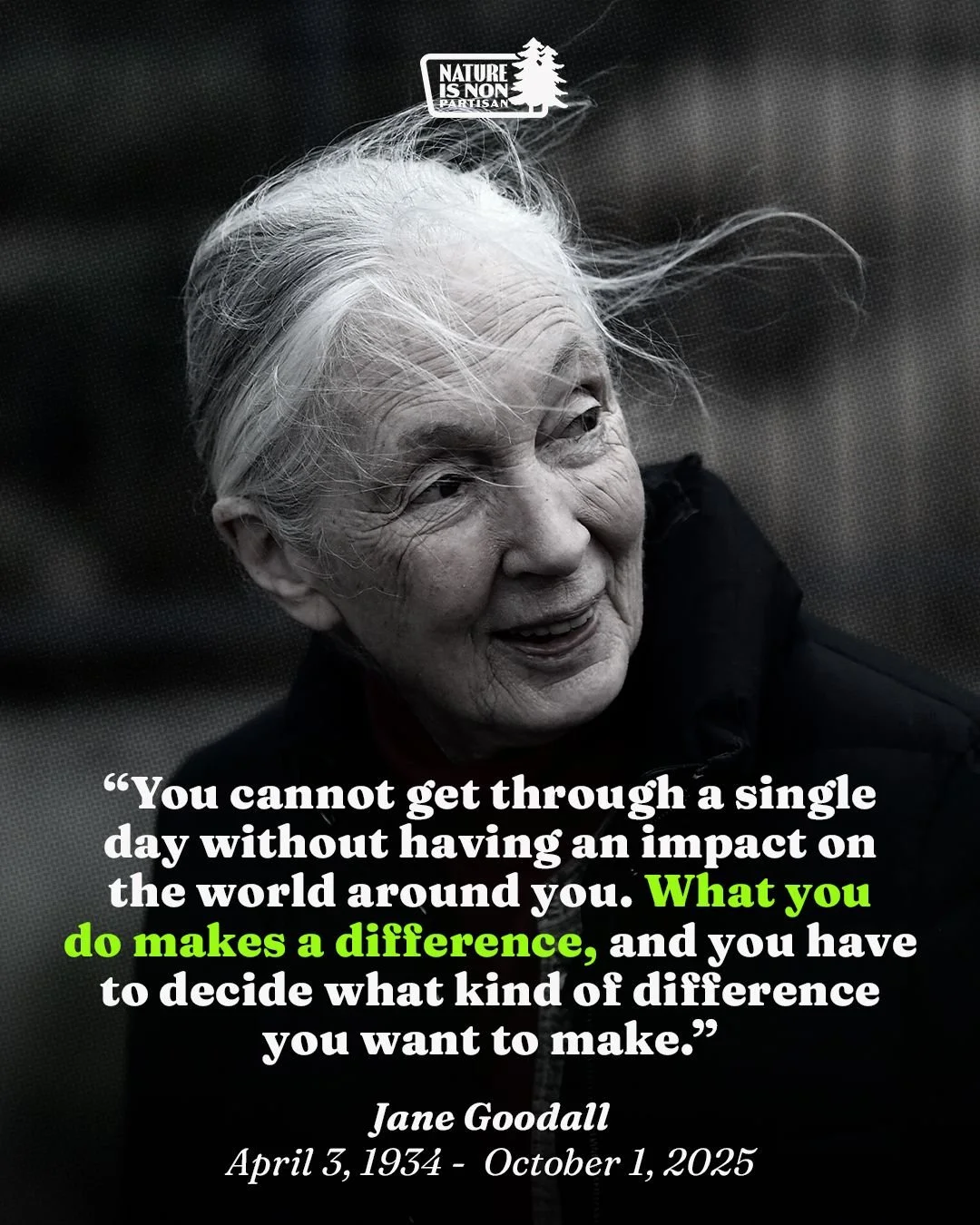 The world lost a conservation legend today. Thank you, Jane, for a life dedicated to protecting this planet we all share. 

#NatureIsNonPartisan #Nature #Conservation #Bipartisanship #Environment #JaneGoodall
