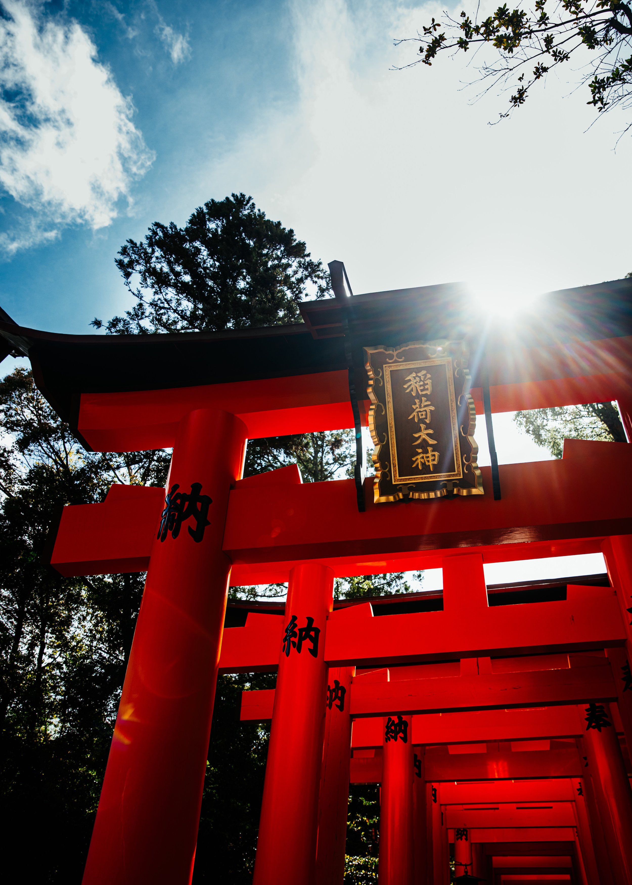 Low-angle view of a vermilion torii gate at Fushimi Inari Taisha in Kyoto, sunburst breaking over the black-tiled roof, gilded shrine plaque reading "Inari Ōkami," receding tunnel of gates against a blue sky.