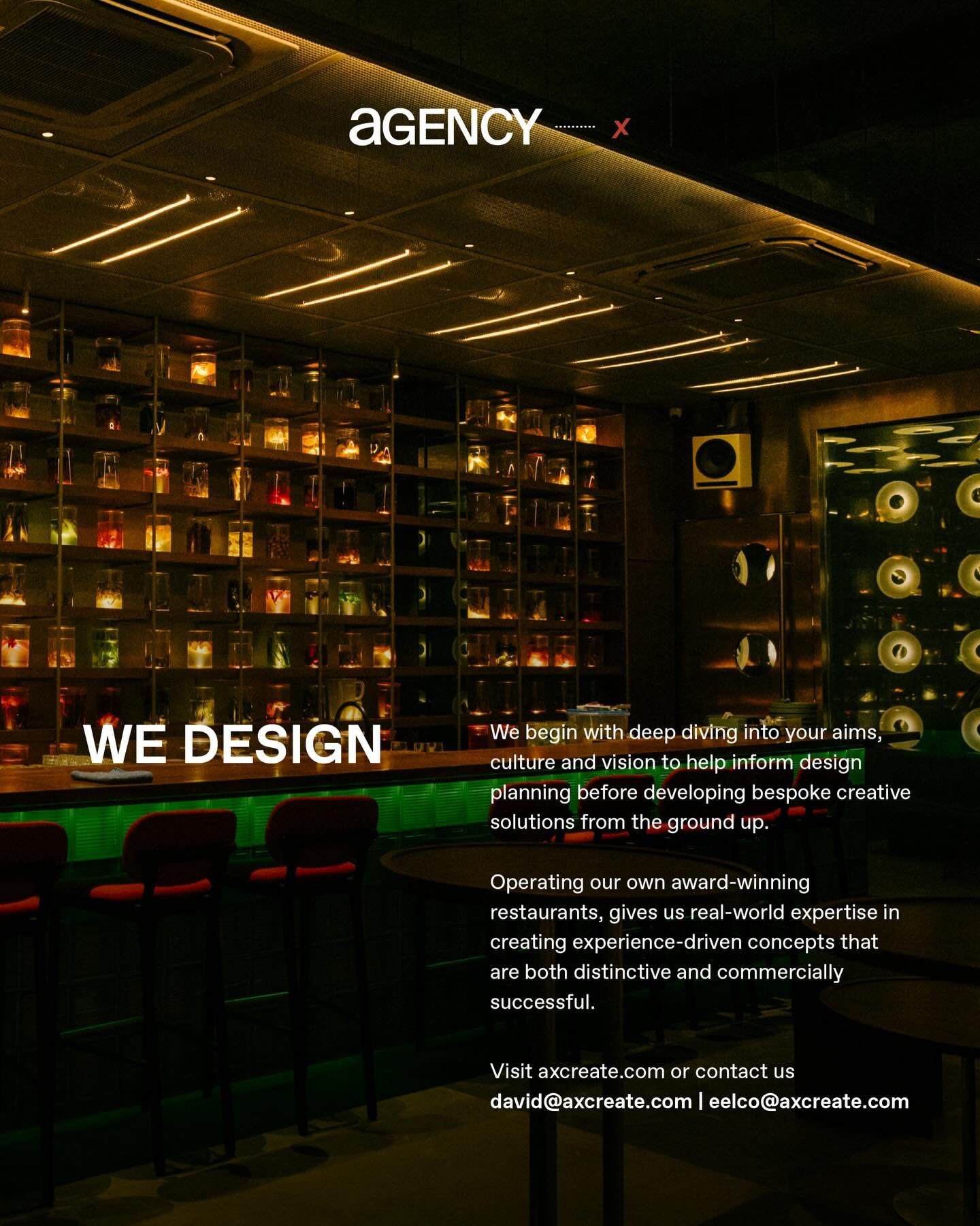 We approach every project by understanding its full potential, creatively and commercially.

Our design process starts from a blank page and develops into a cohesive, experience-driven concept, carefully aligned with the client&rsquo;s business objec