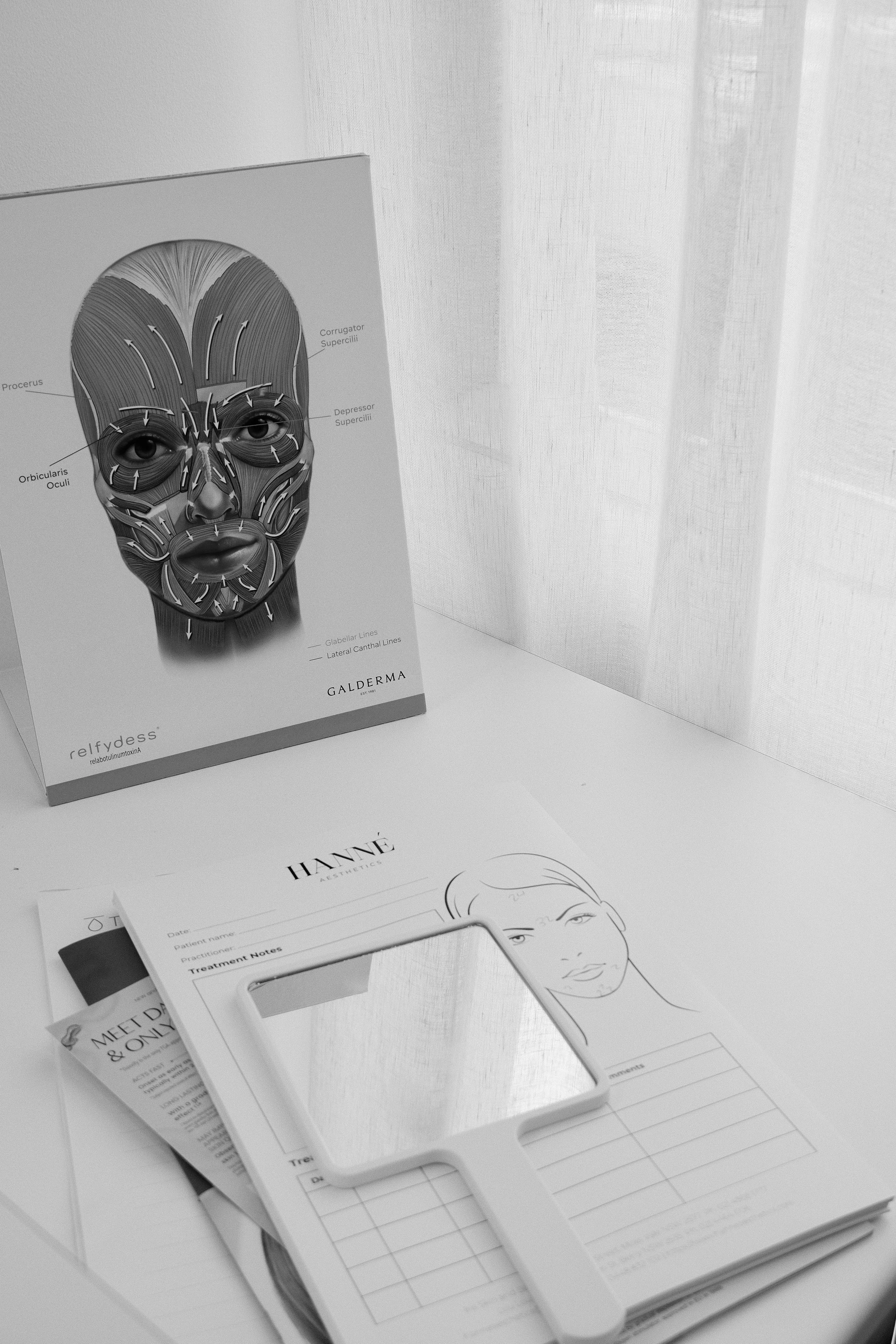 A chart of facial muscles leaning against a wall on a table, with a magnifying mirror, a brochure, and a skincare form on the table.