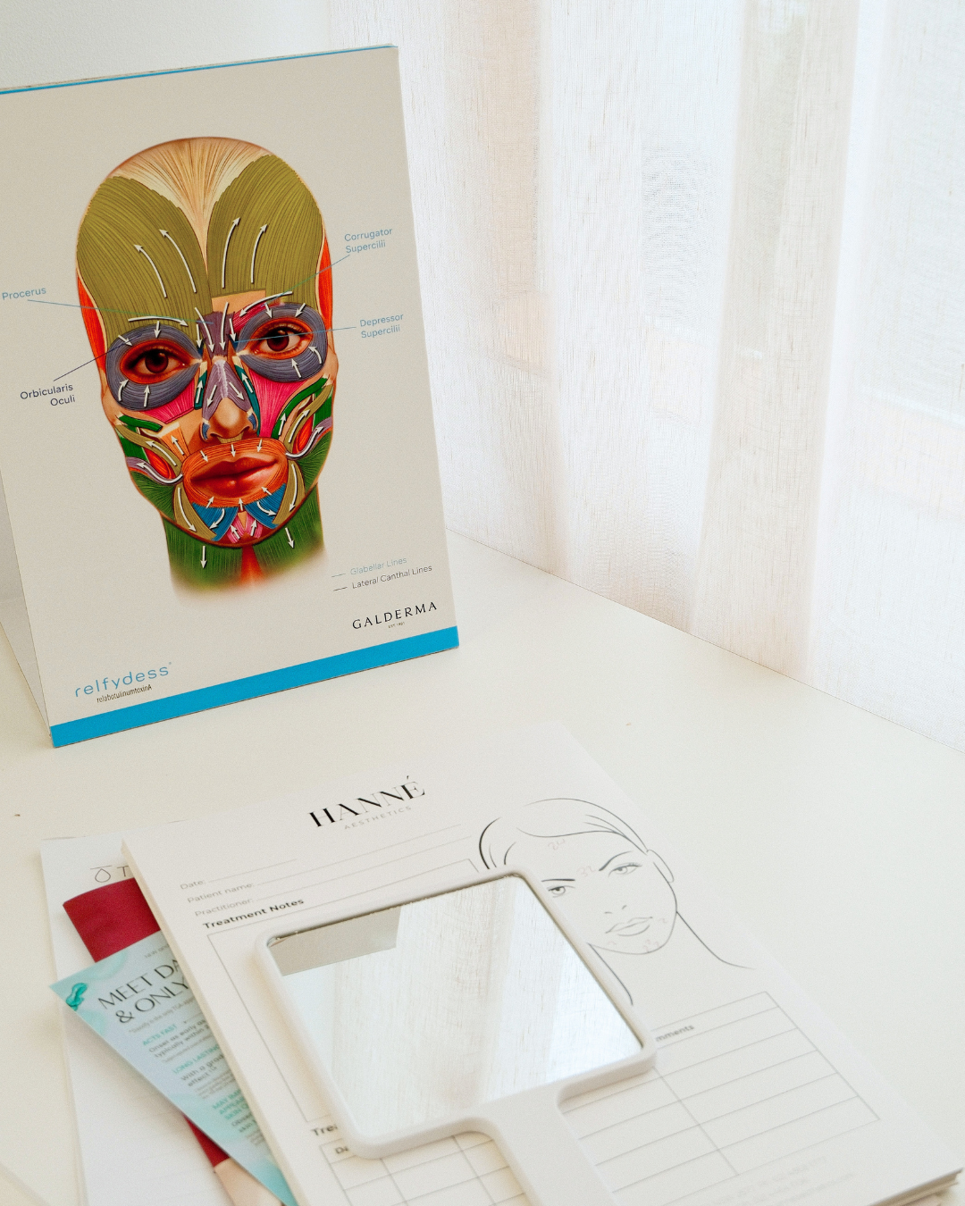 An anatomy chart of the face showing muscles, nerves, and bones, with labeled parts including the corrugator supercilii, depressor supercilii, orbicularis oculi, and zygellar lines, propped on a desk.