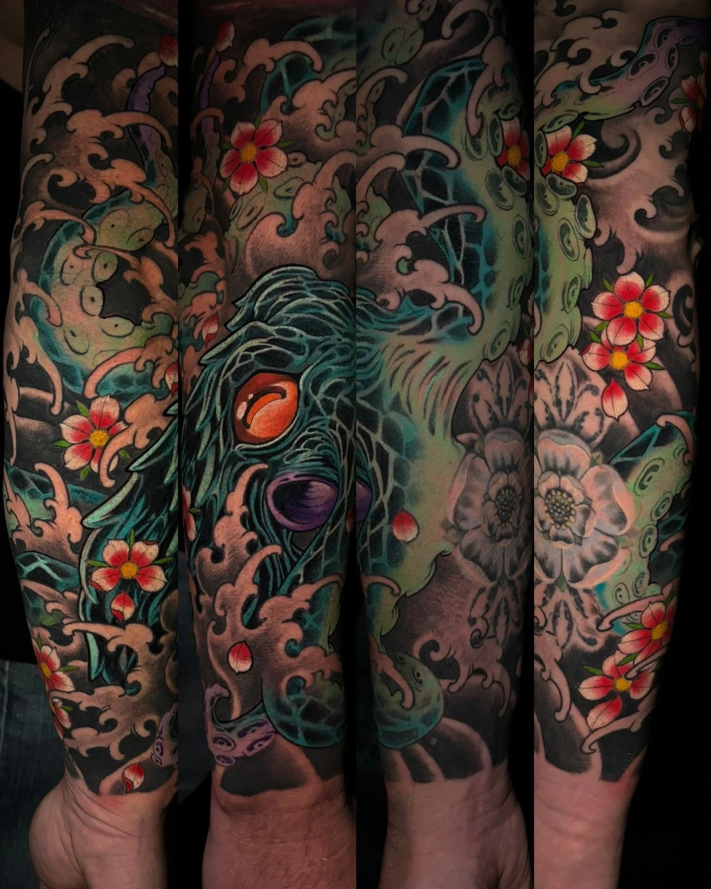 Three views of a Japanese dragon sleeve with cherry blossoms and dark clouds by Nicklas Wong, tattoo artist in Northcote, Melbourne
