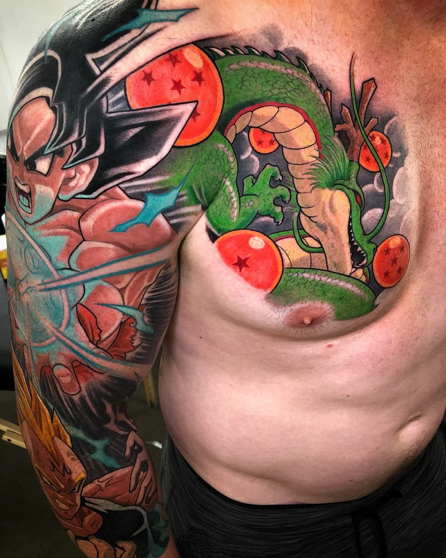 Dragon Ball chest and sleeve tattoo featuring Shenron and Dragon Balls by Nicklas Wong, tattoo artist in Northcote, Melbourne