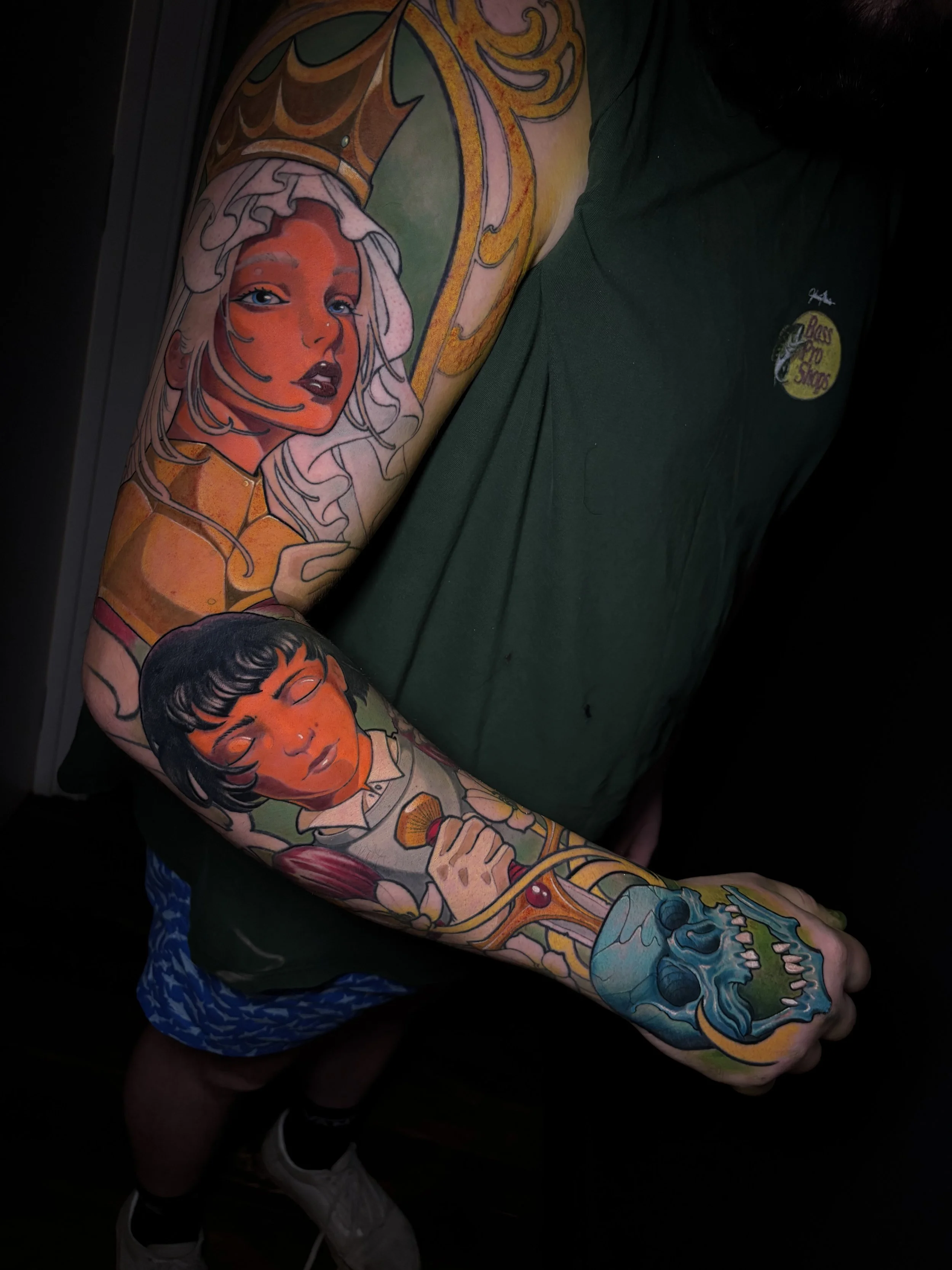 Colour neo-traditional sleeve with portraits and ornamental details by Nicklas Wong, tattoo artist in Northcote, Melbourne