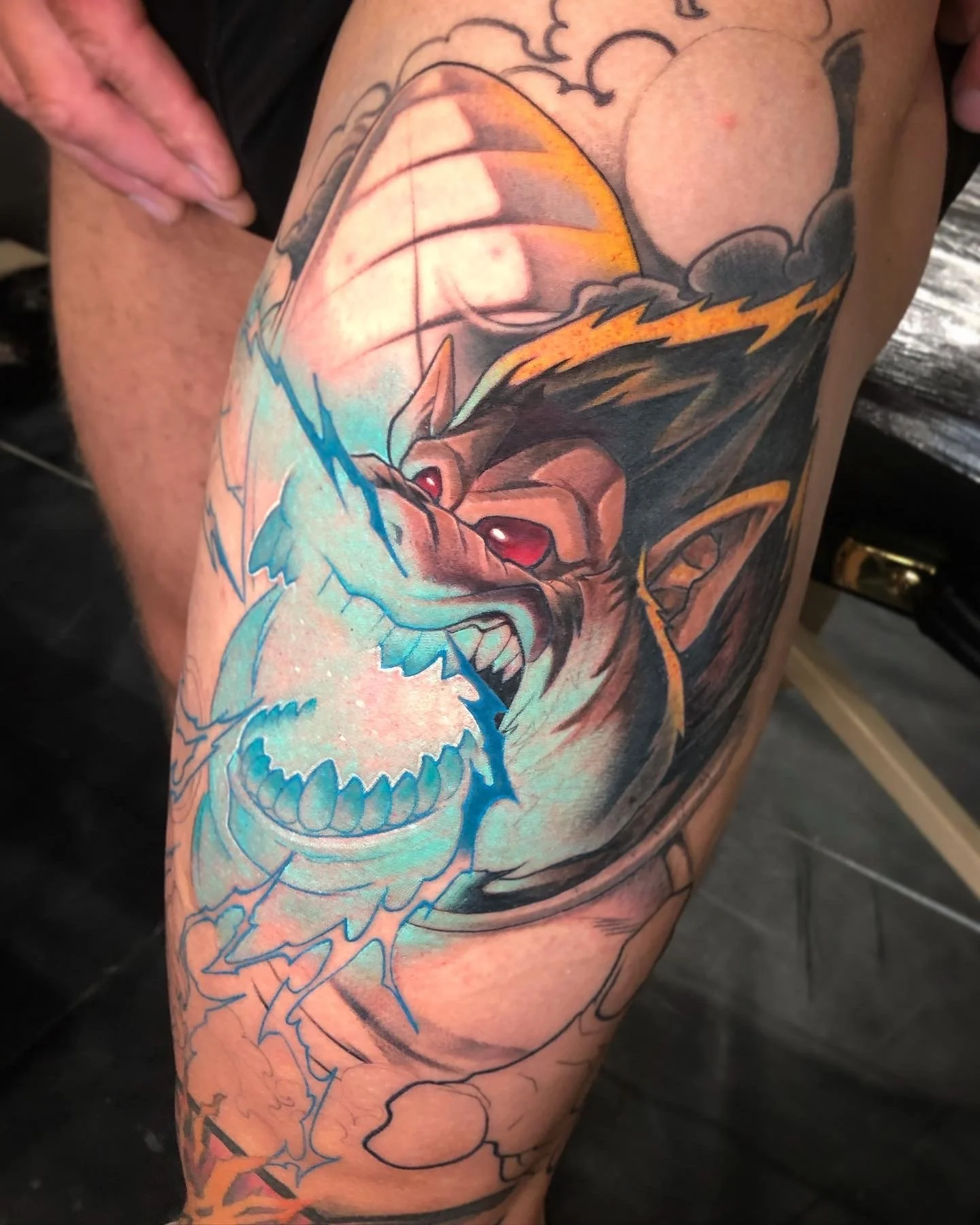 Dragon Ball Great Ape tattoo in progress with a bright blue energy blast by Nicklas Wong, tattoo artist in Northcote, Melbourne