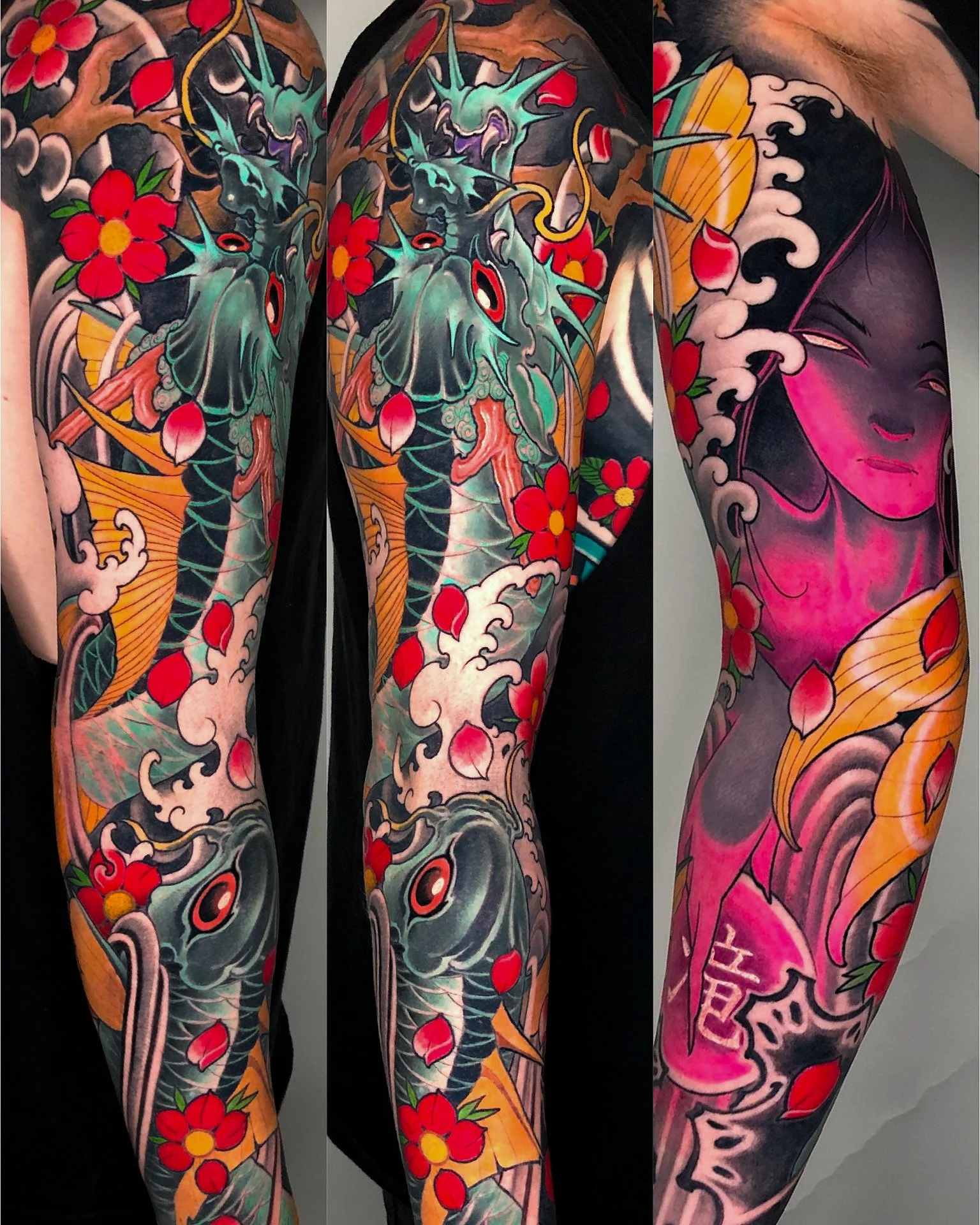 Multiple views of a colourful neo-Japanese sleeve with flowers and waves by Nicklas Wong, tattoo artist in Northcote, Melbourne