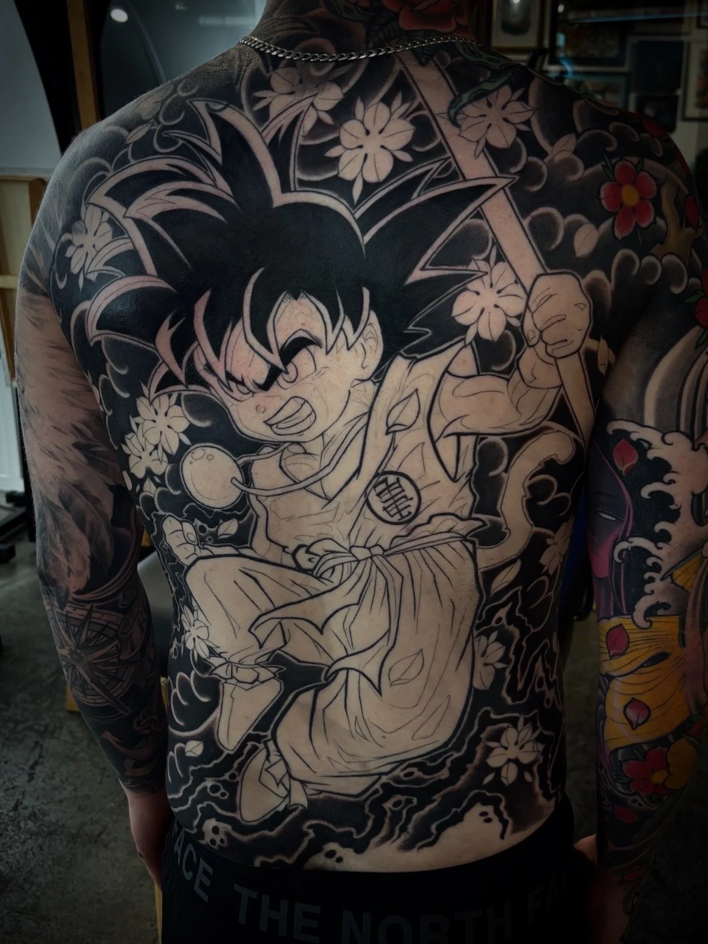 Goku backpiece in progress with Japanese-inspired clouds and flowers by Nicklas Wong, tattoo artist in Northcote, Melbourne
