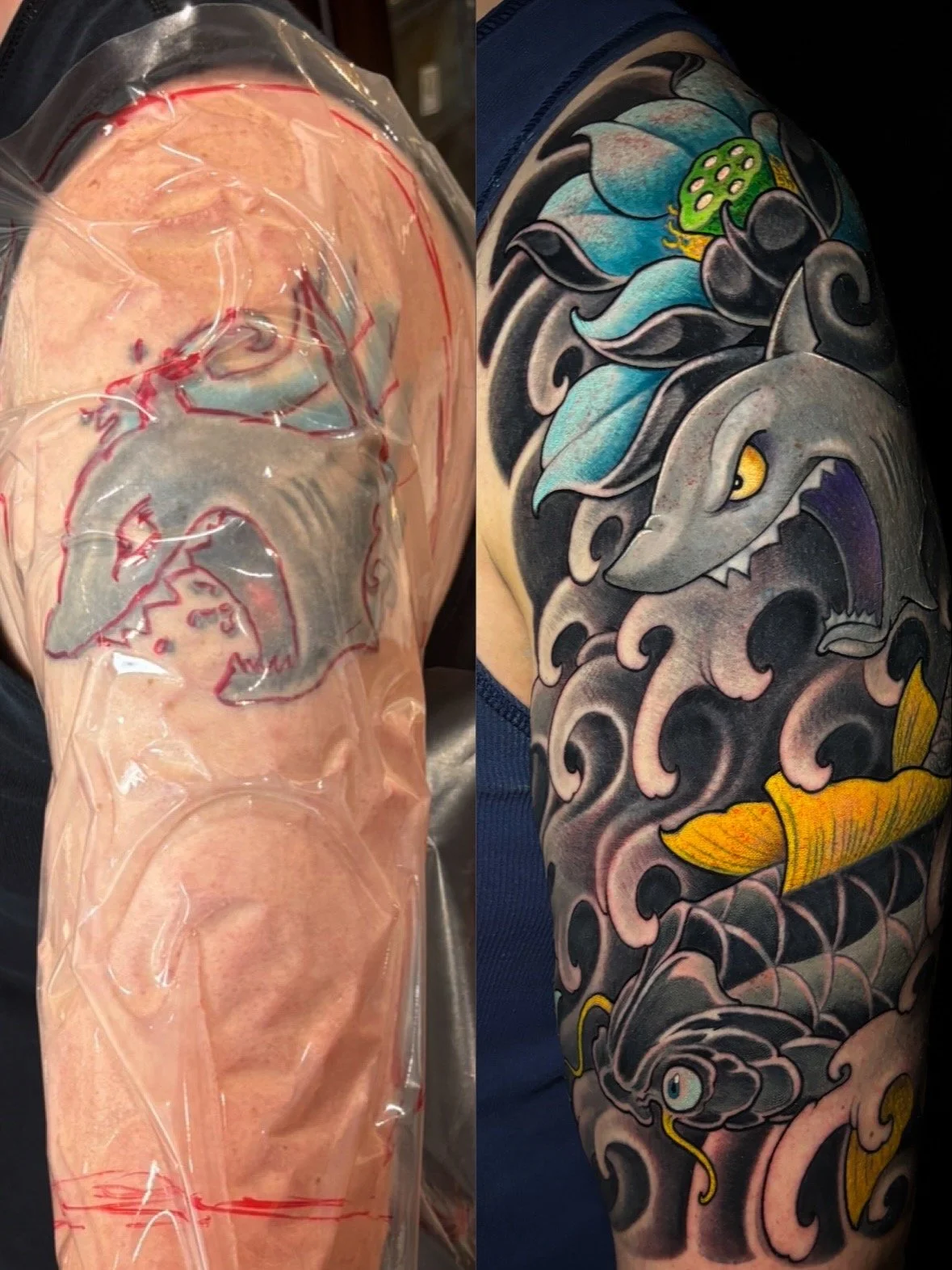 Before and after a Japanese-inspired upper-arm cover-up with waves and flowers by Nicklas Wong, tattoo artist in Northcote, Melbourne
