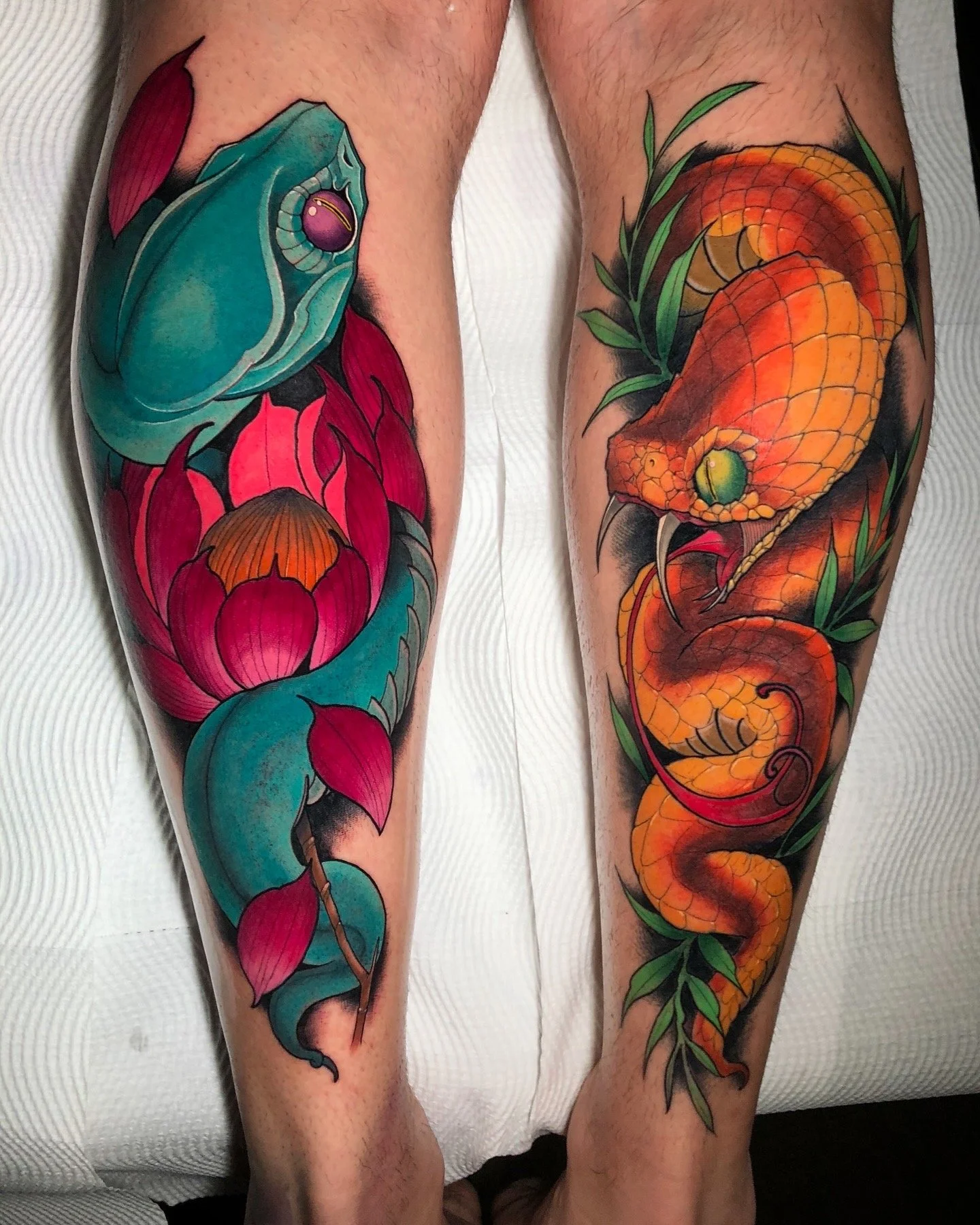 Colourful frog and snake tattoos on lower legs by Nicklas Wong, tattoo artist in Northcote, Melbourne