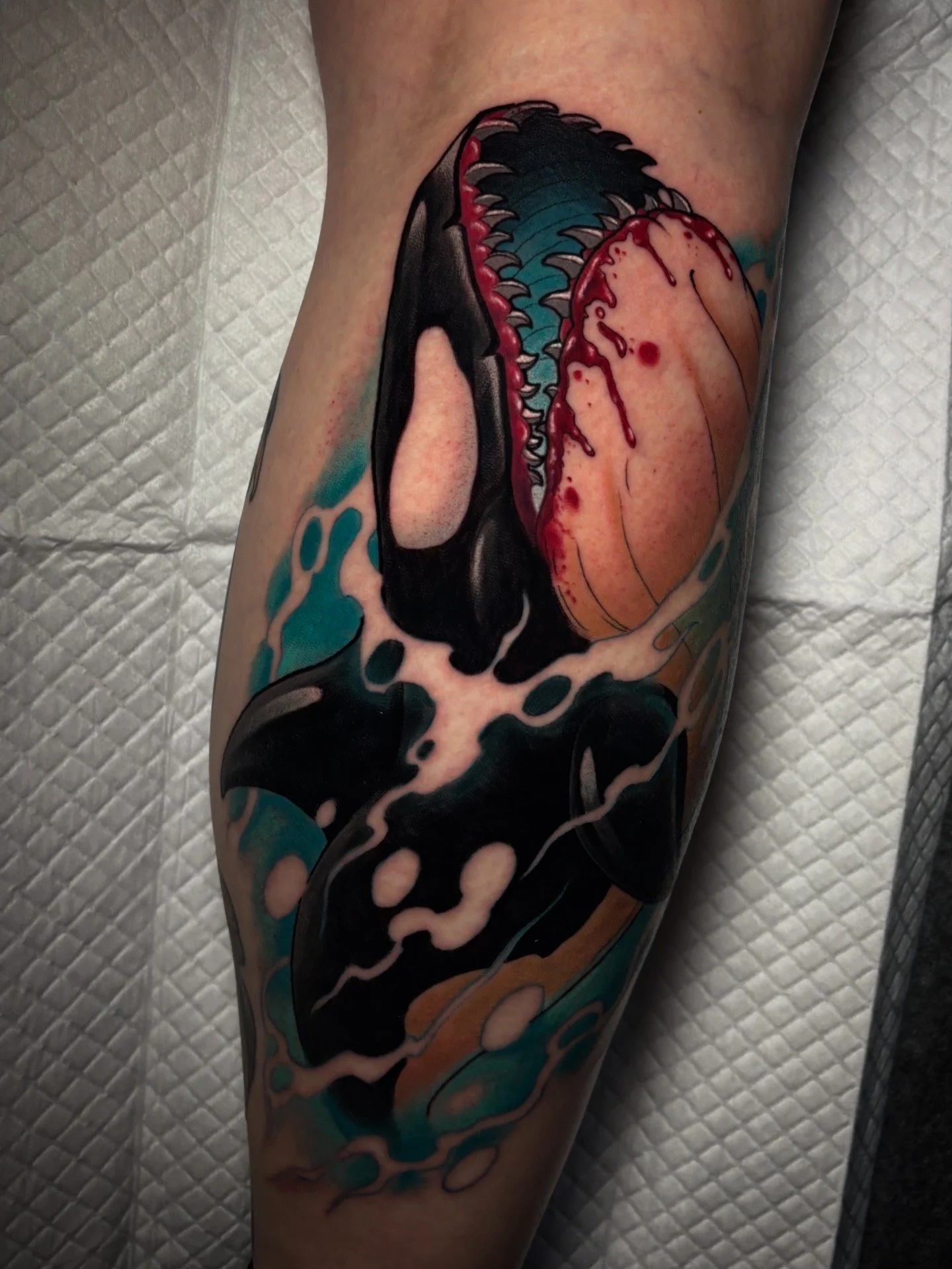 Neo-traditional dark creature tattoo with an open jaw and flowing shapes by Nicklas Wong, tattoo artist in Northcote, Melbourne