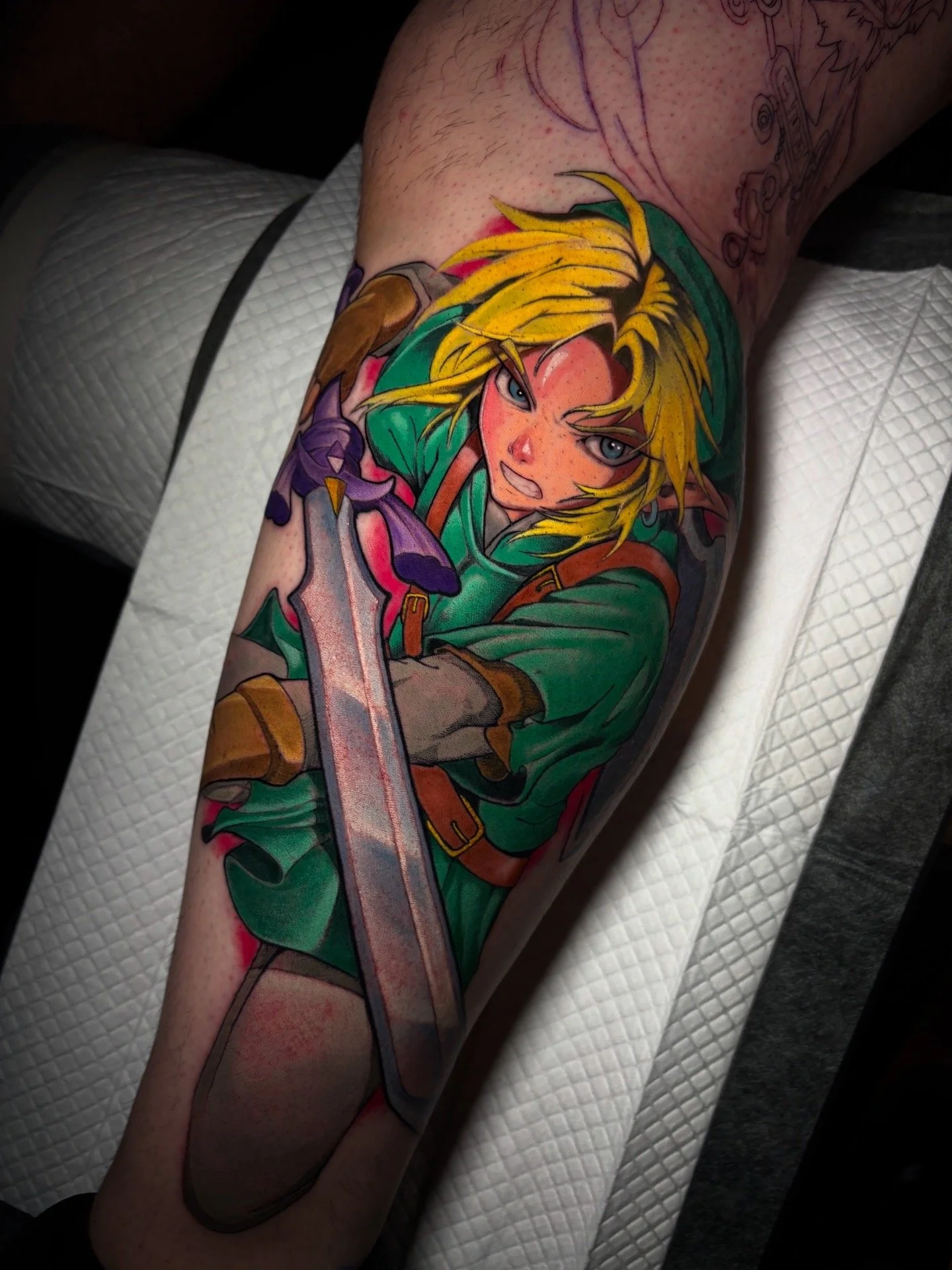 The Legend of Zelda Link tattoo with green clothing and a sword by Nicklas Wong, tattoo artist in Northcote, Melbourne
