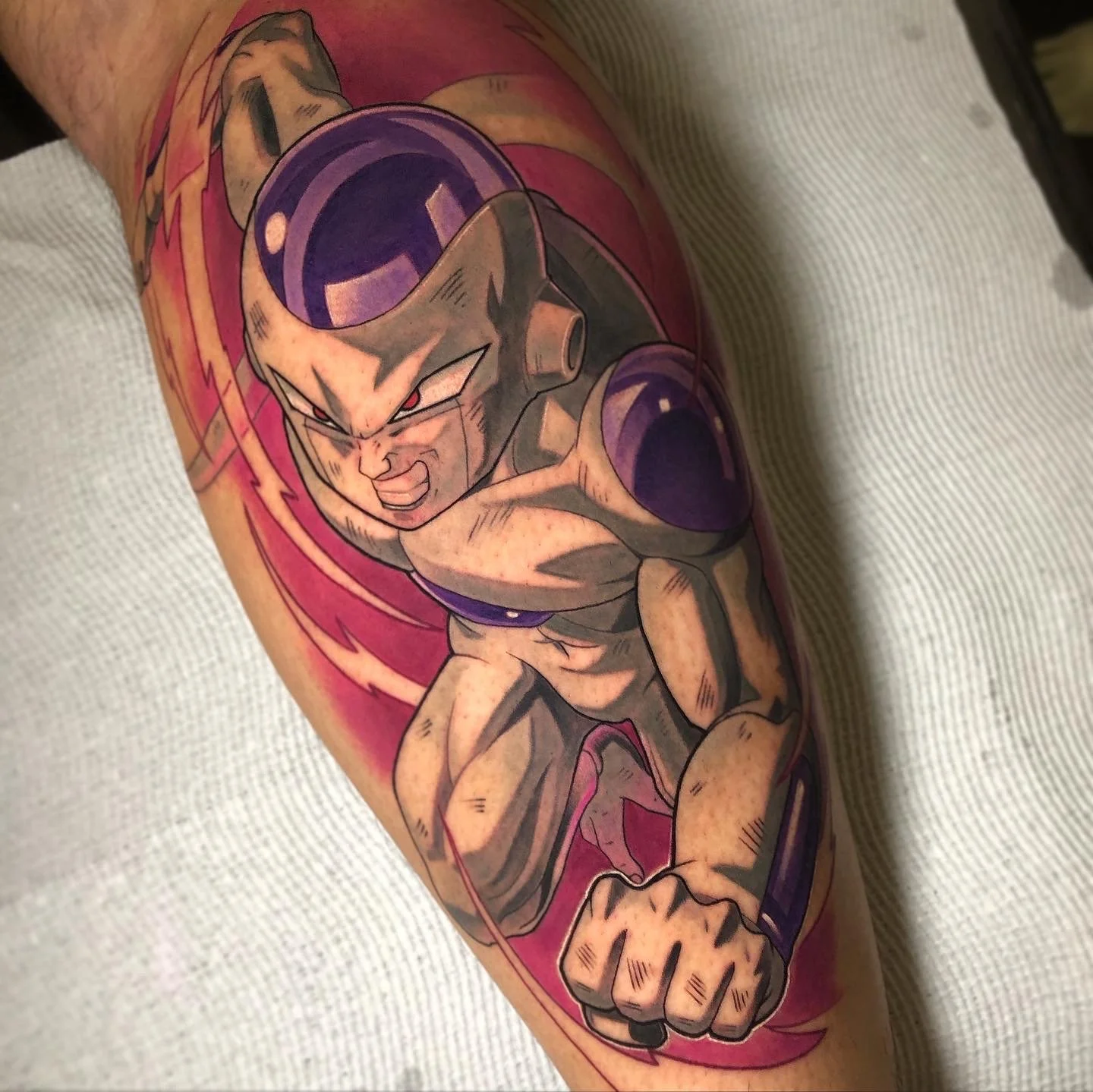 Dragon Ball Frieza tattoo with purple and gold shading by Nicklas Wong, tattoo artist in Northcote, Melbourne