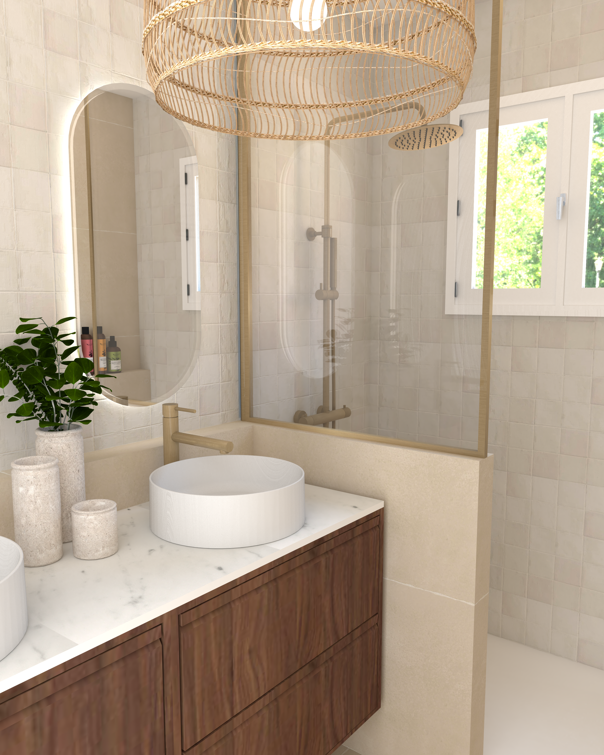 Rendu 3D photoréaliste d'une salle de bain inspiration bali
