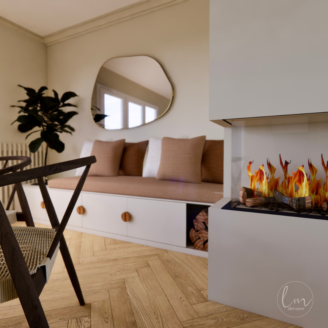 Plan 3D après travaux agencement et décoration d'un espace salle à manger et cheminée