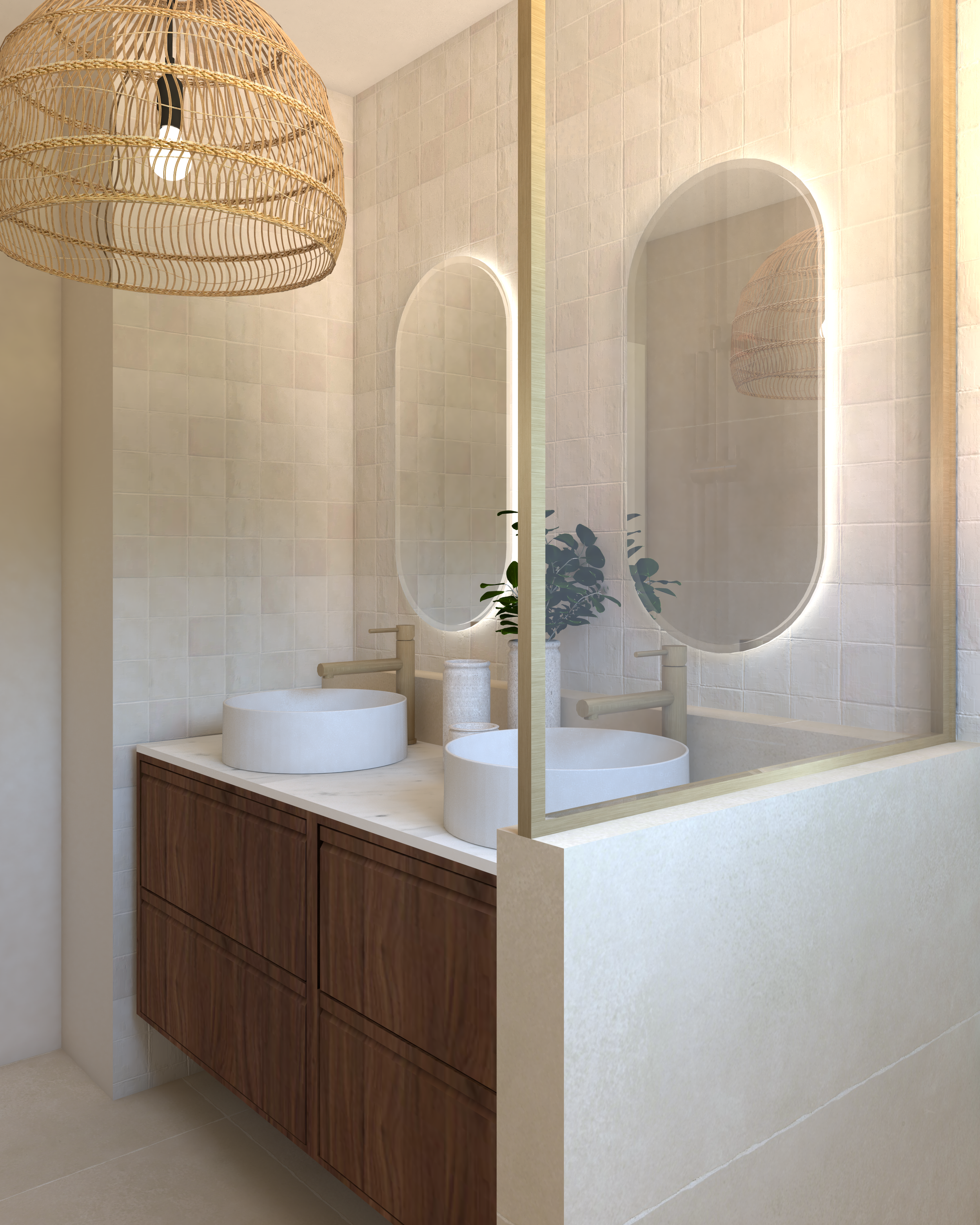 Rendu 3D photoréaliste d'une salle de bain inspiration bali