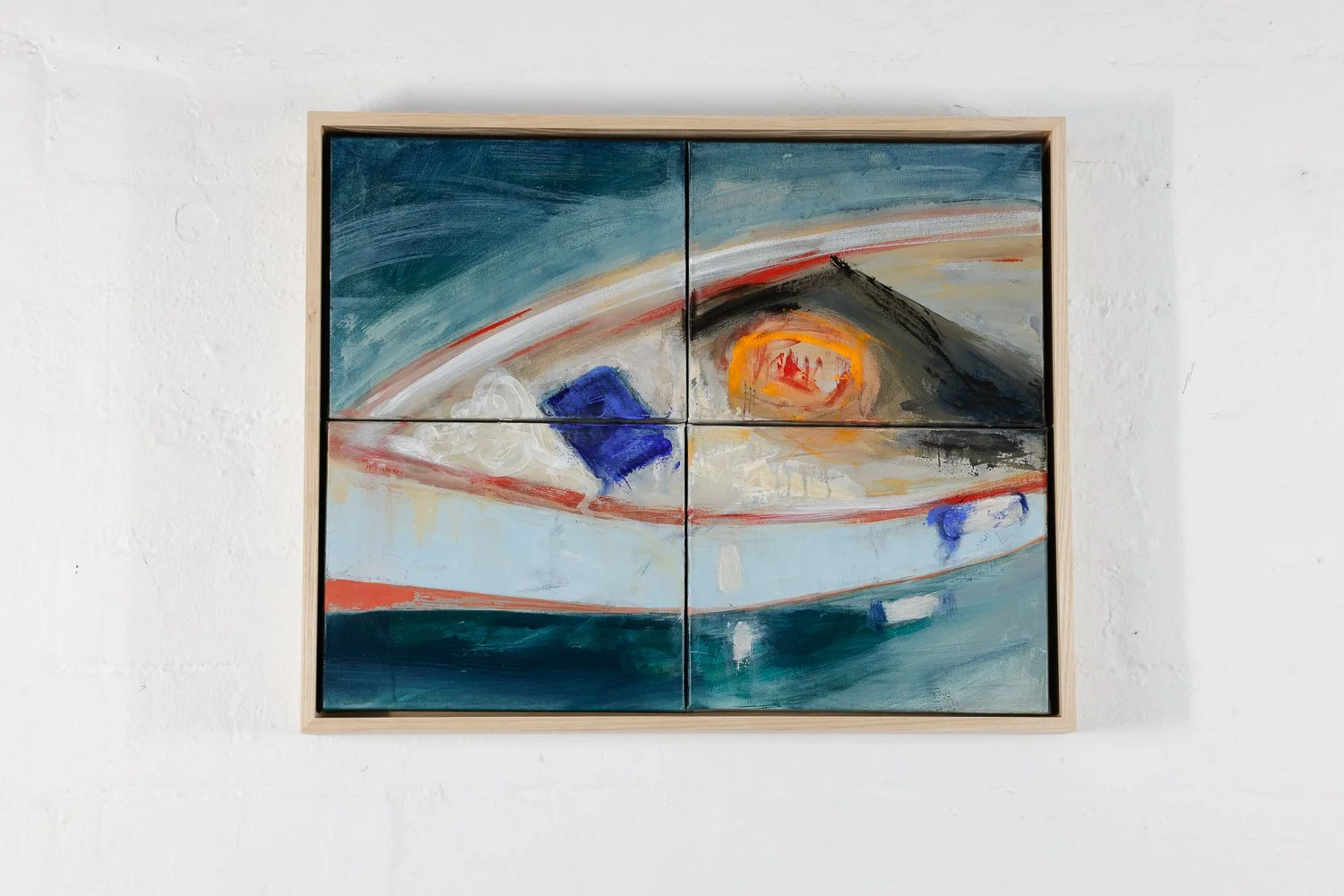 Disrupted series - "Fishing Boat' Acrylic on 4 separate Cotton Canvas panels on magnetic board, can be moved to appear abstract. H44 x L54cm $1650.00