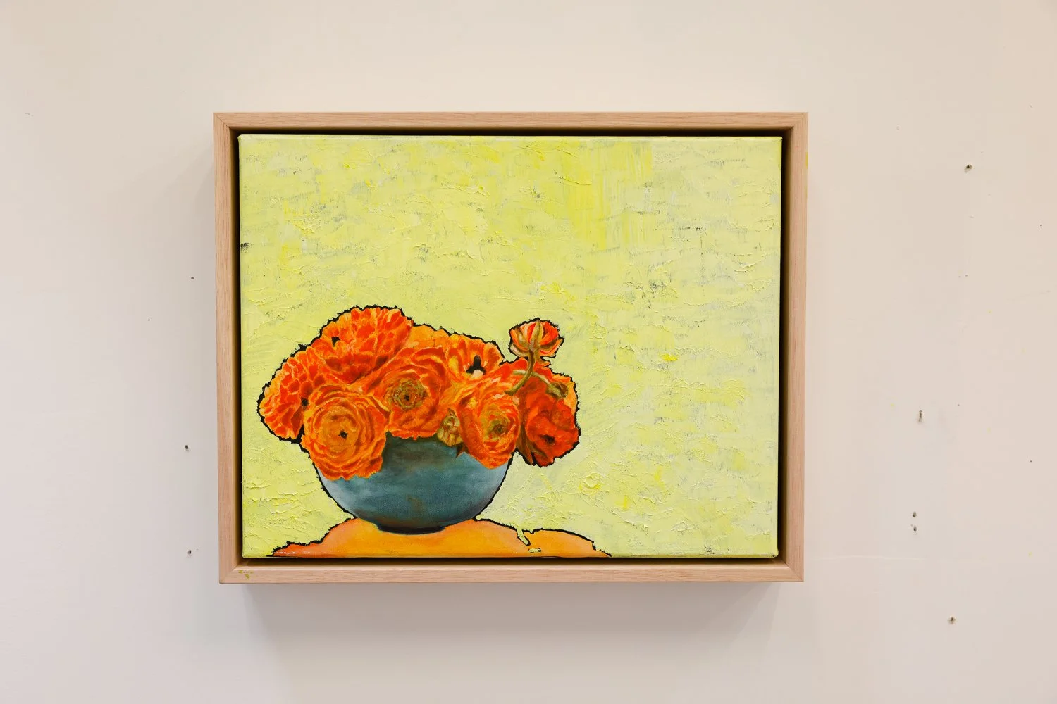 Ranunculus in a bowl 45x52cm oil on poly cotton canvas $490
