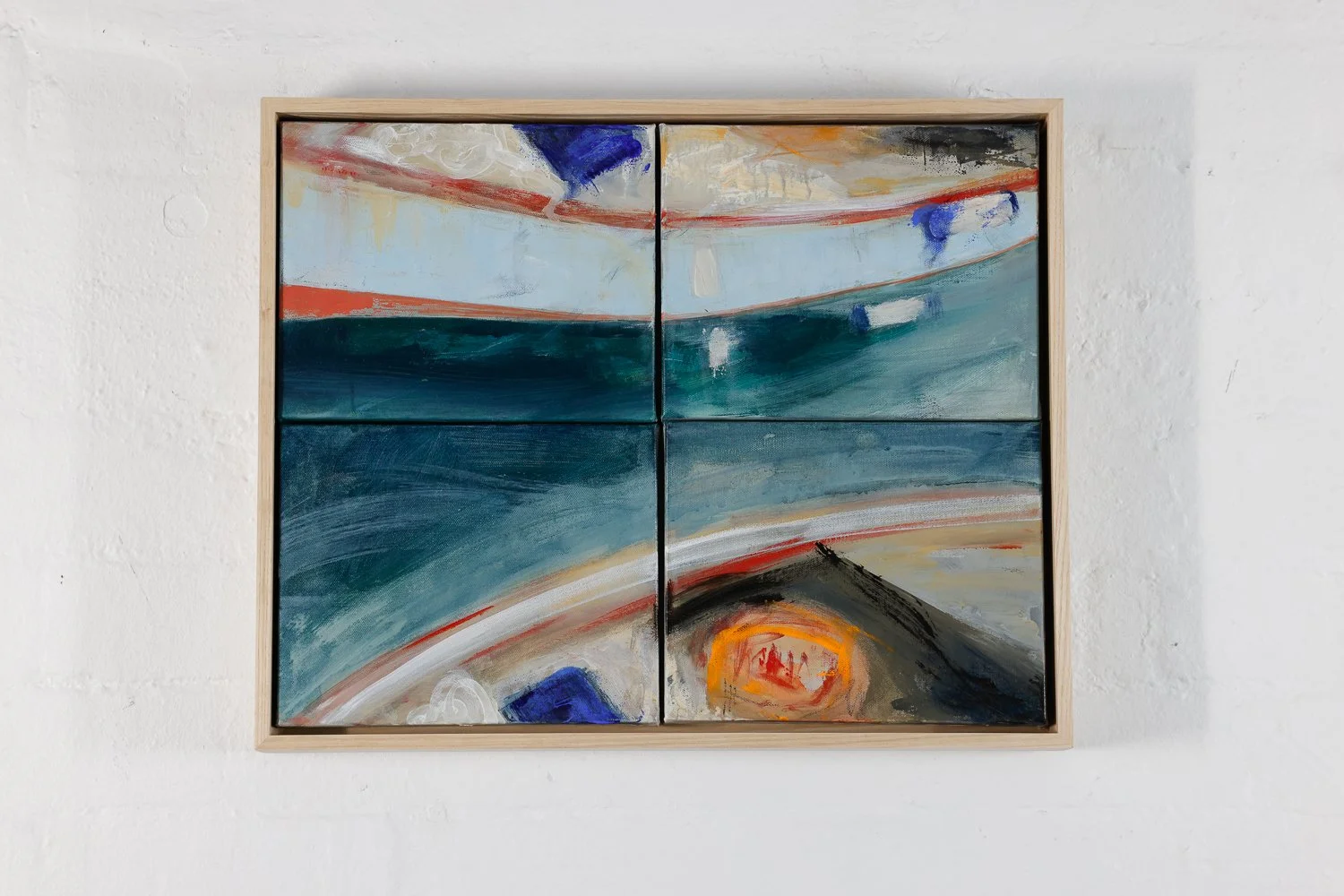 Disrupted series - "Fishing Boat' Acrylic on 4 separate Cotton Canvas panels on magnetic board, can be moved to appear abstract. H44 x L54cm $1650.00