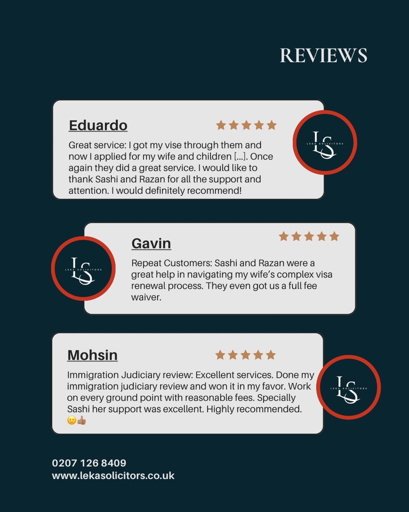 Some more lovely reviews from our wonderful clients! 🤝

#ImmigrationLaw #LegalServices #ImmigrationLawUK #UKImmigration #ImmigrationSolicitors #repossessionlaw #lawfirm #lawfirmuk