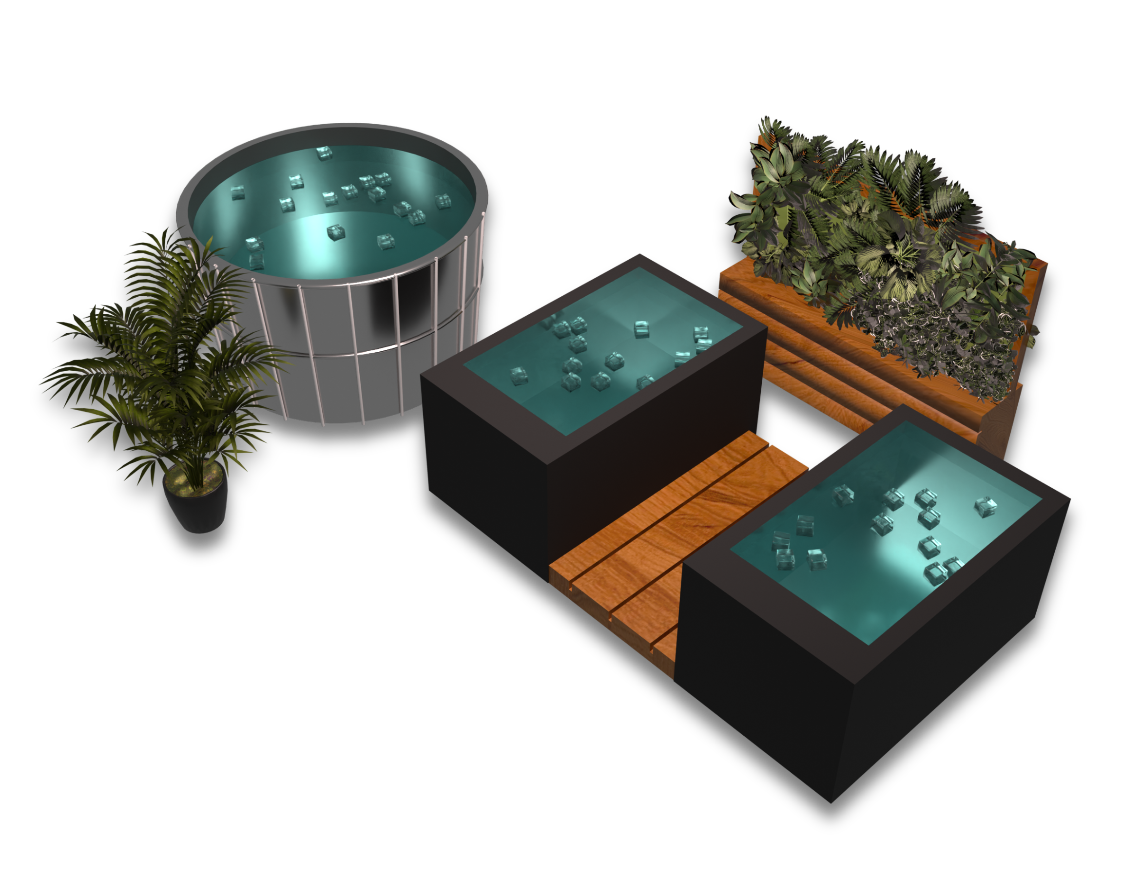 3D illustration of Kontrast Manchester's cold plunge area: a round steel ice bath and two black ice baths filled with ice, with wooden decking, a planted bench and a potted palm.