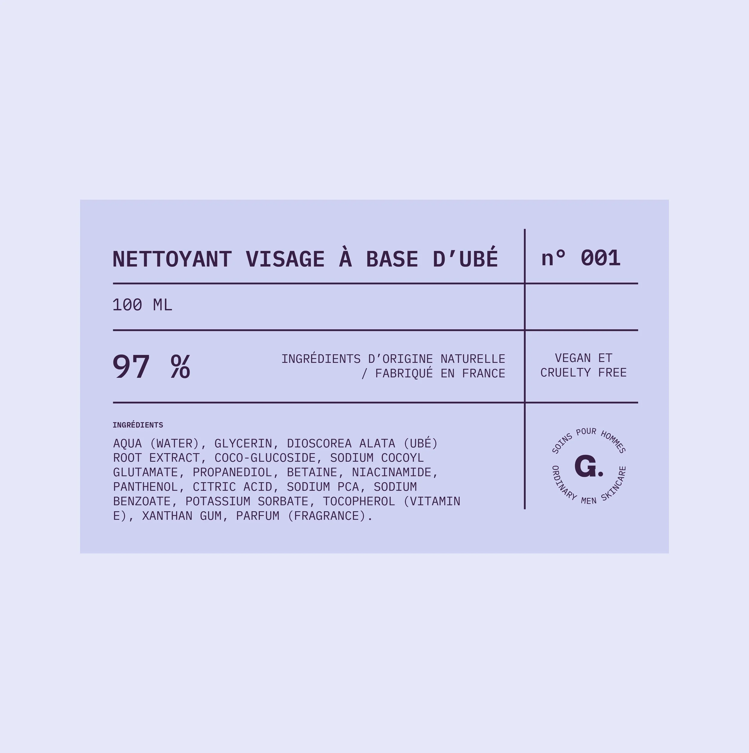 Étiquette de produit de nettoyant visage à base d'ube, avec détails sur la quantité de 100 ml, ingrédients naturels, vegan et cruelty free, fabriqué en France.