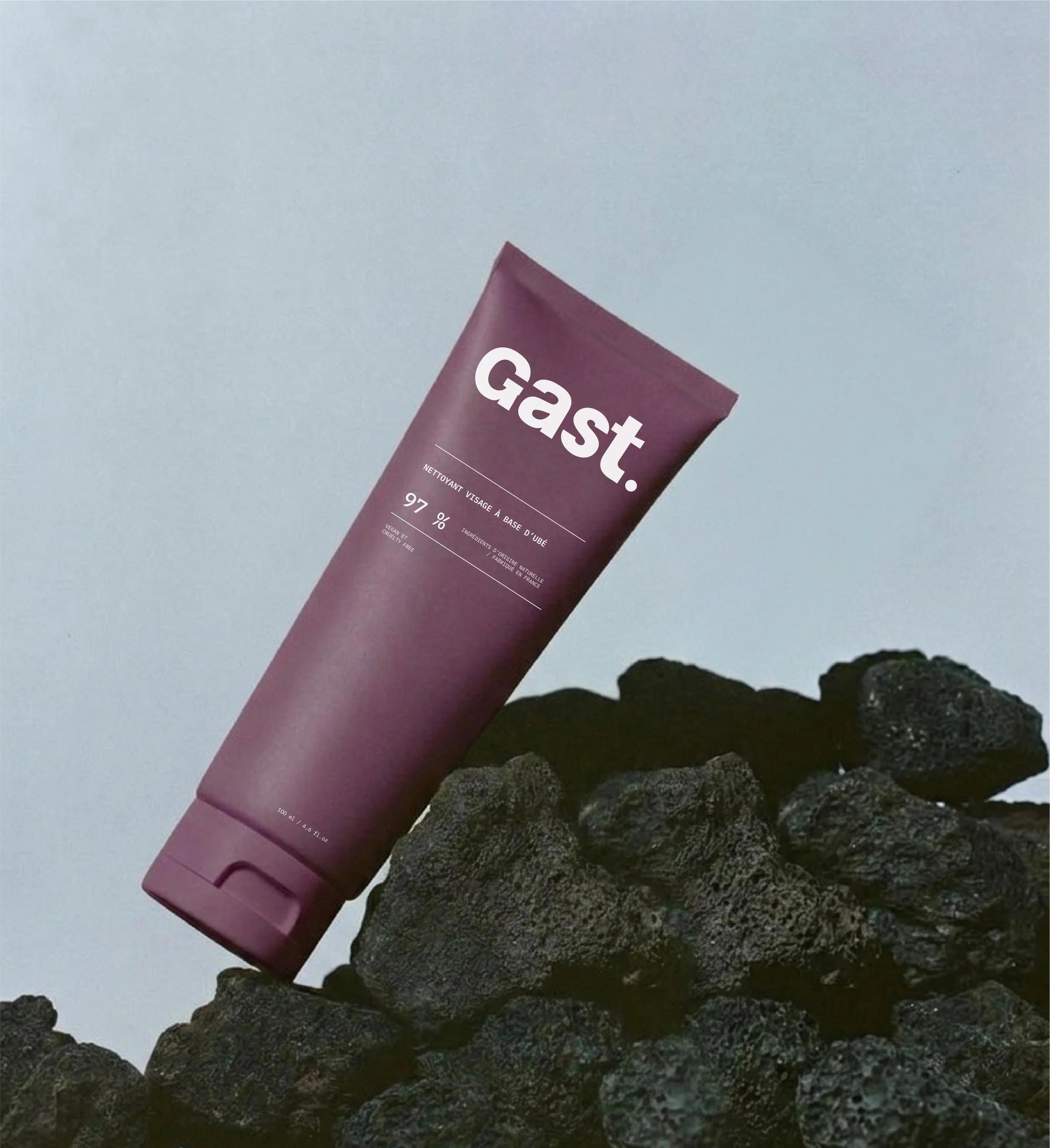 Une boîte de nettoyant pour le visage de couleur violette posée sur des rochers de couleur foncée sous un ciel nuageux.