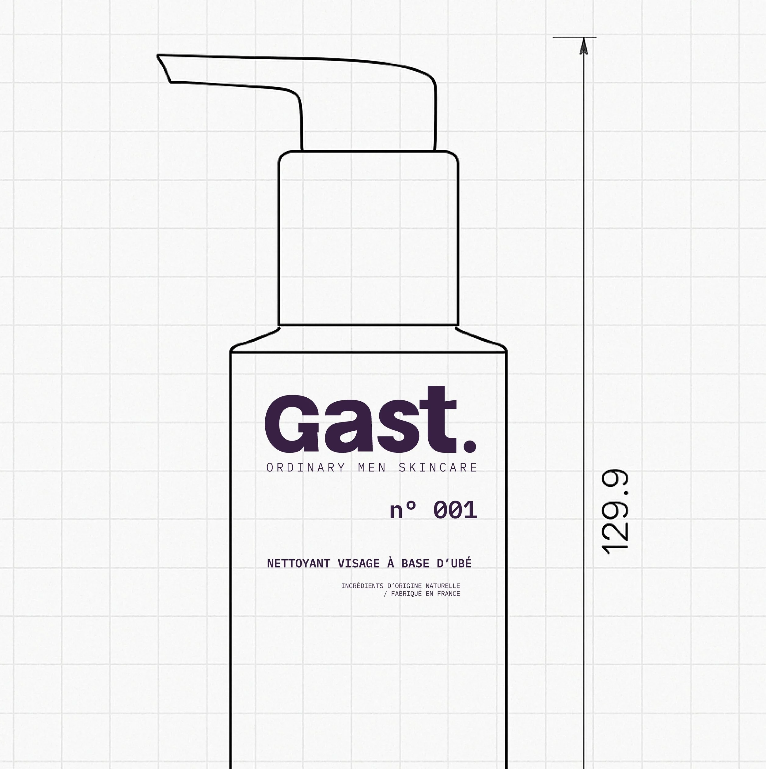 Étiquette de produit cosmétique pour un nettoyant visage à base d'ube, formulation naturelle, fabriqué en France, nom 'Cast'.