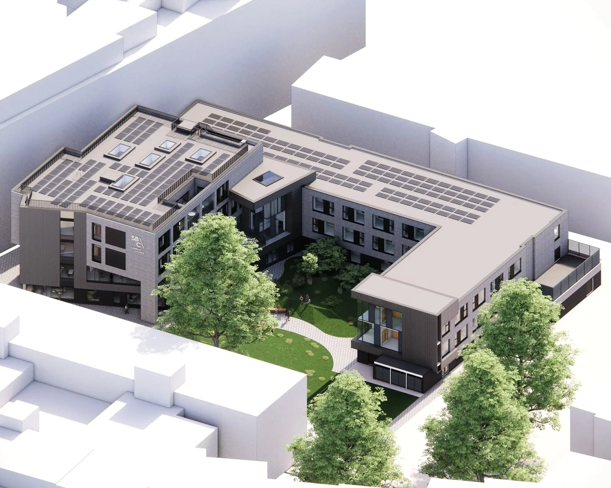 Axonometic view of refurbished and new extension