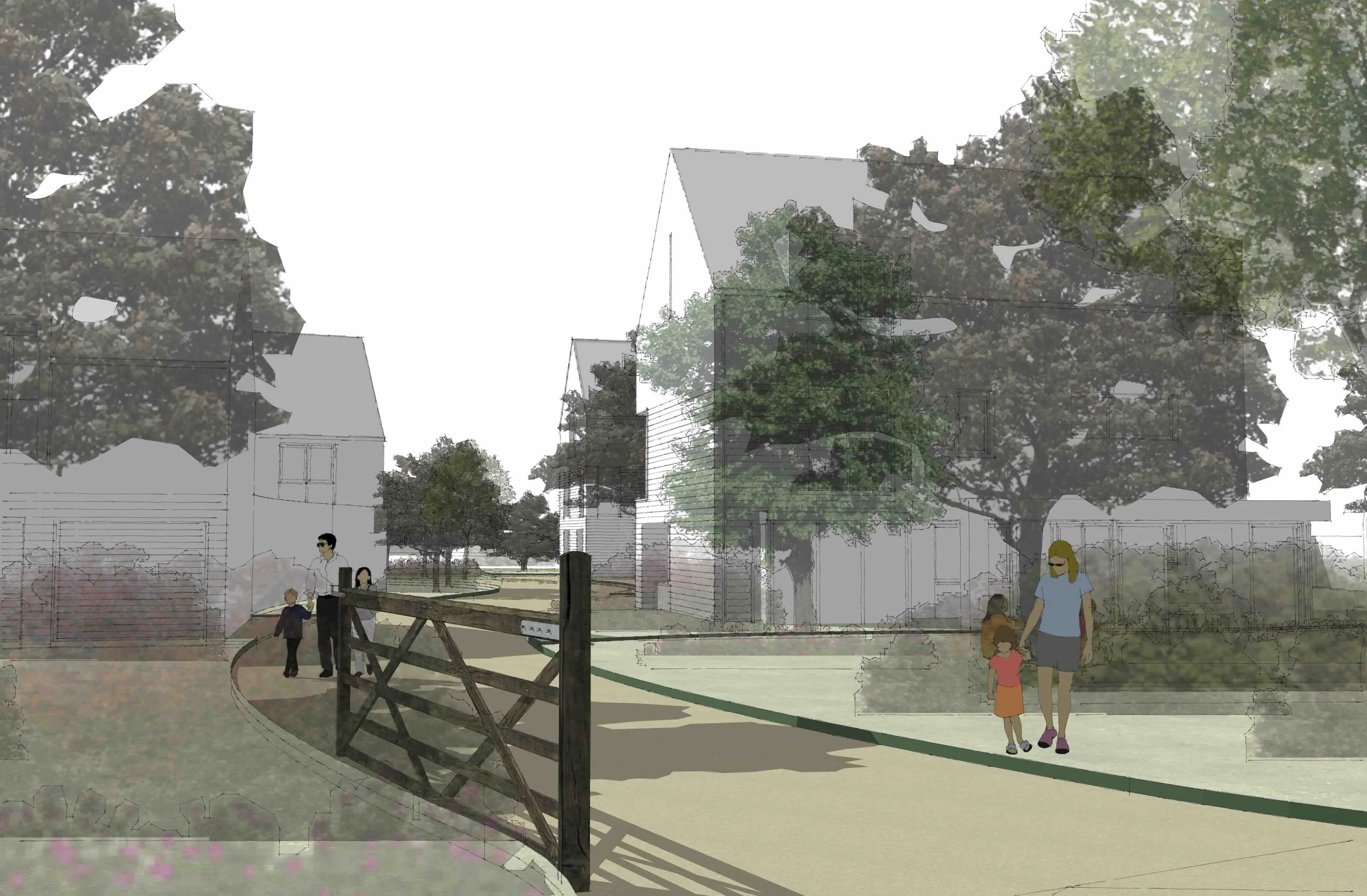 Private drive way with farm gate leading to houses set within a courtyard arrangement