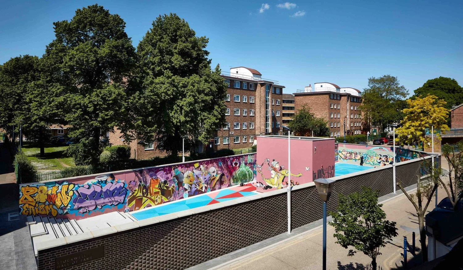 Aerial view of the Hall of Fame - carefully articulated  textured brick outer wall providing visual interest to the street scene contrasting with the interior decor
