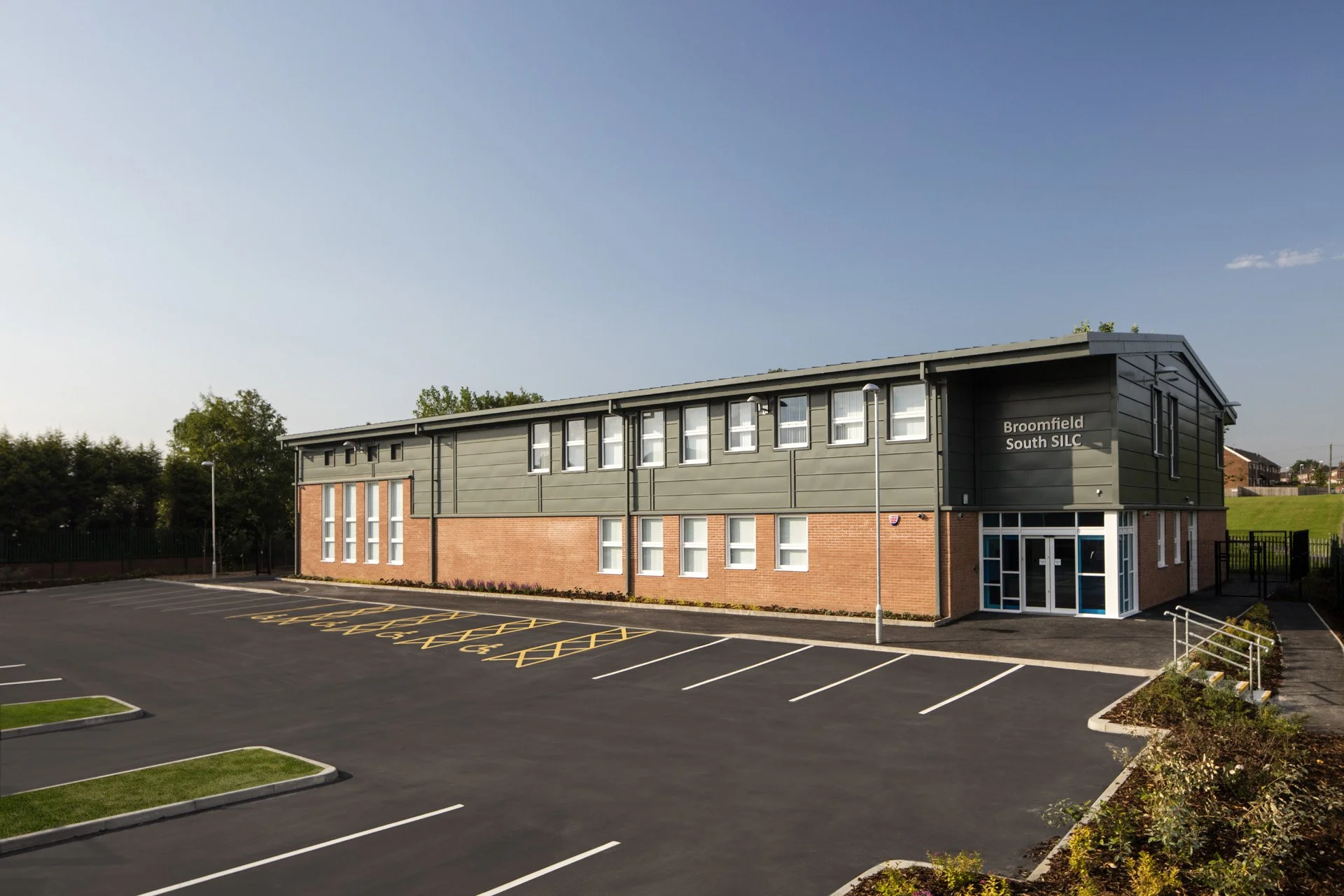 view across car park toward main entrance