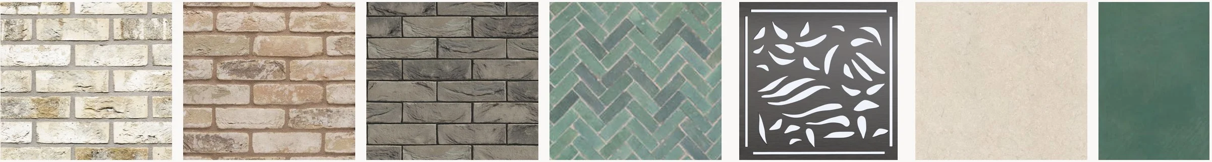 Materials palette or buff and grey brick works, green glazed tile, laser cut screens and light sandstone stone work