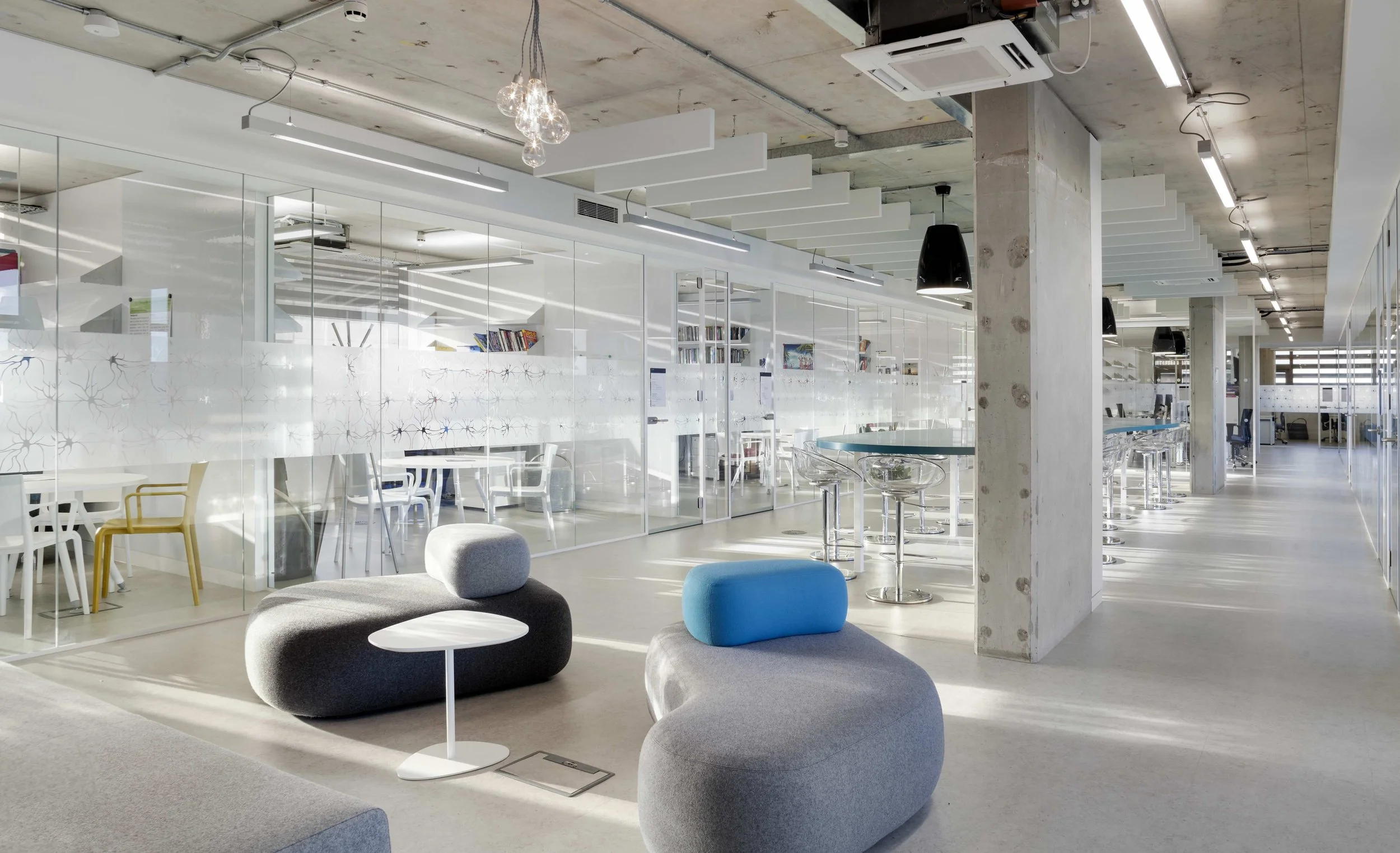 Psychology lab - soft funiture contrsting with concrete soffits and screed floors