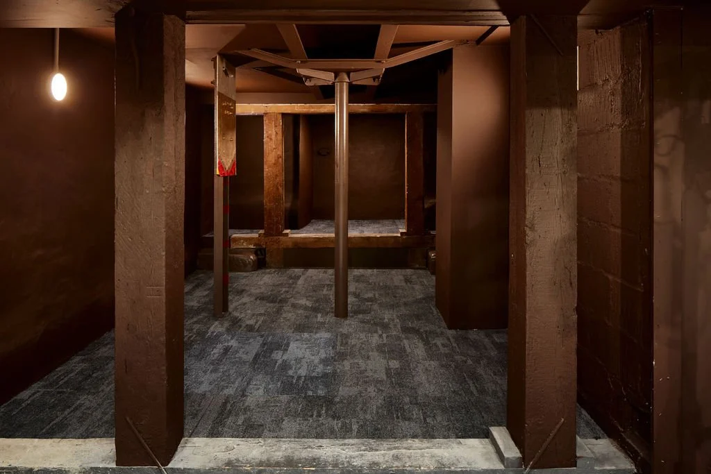 Basement space with original timber columns and beams contrsting with the new carpet and wall finishes