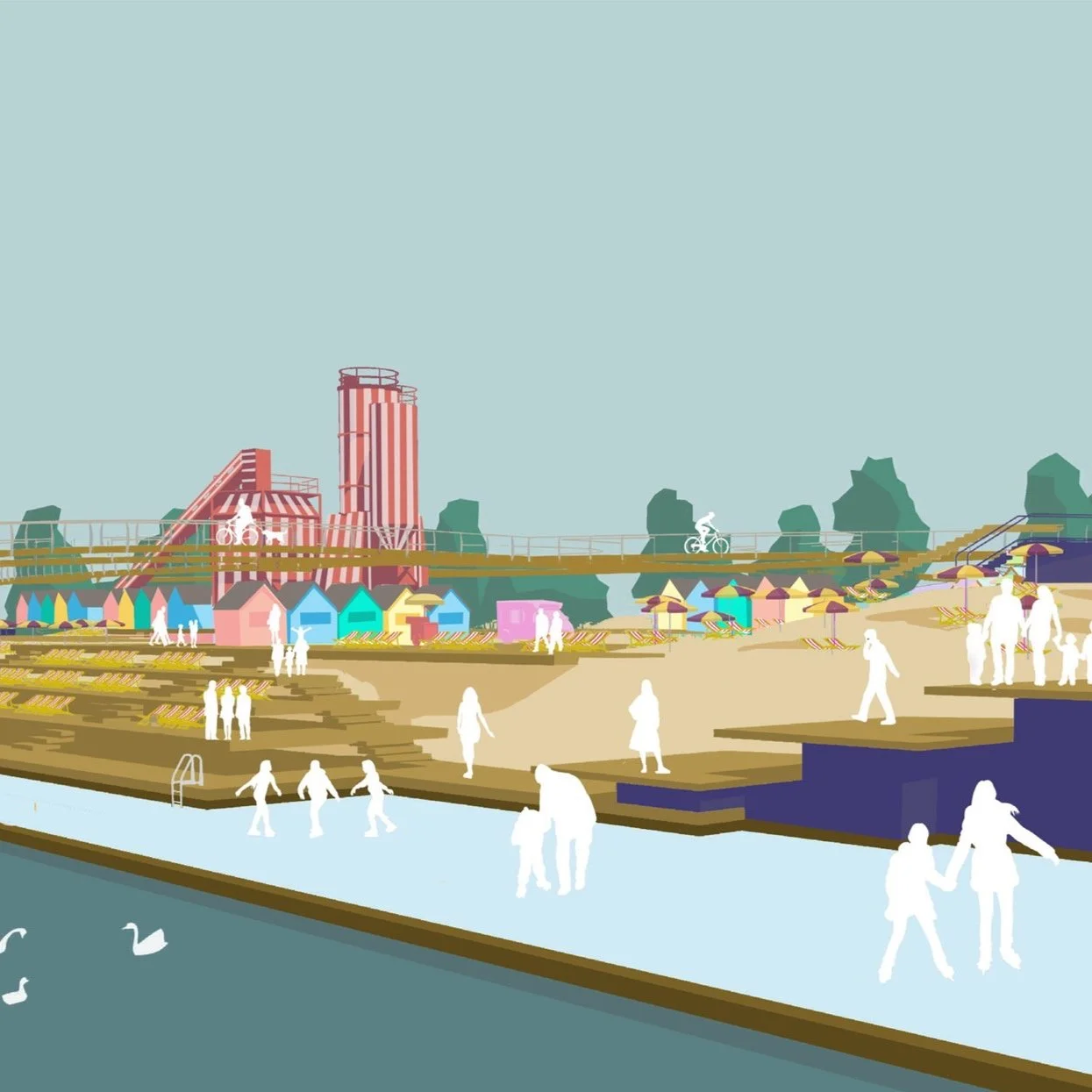 artificial river beach, beach huts, restored industrial plant as backdrop.