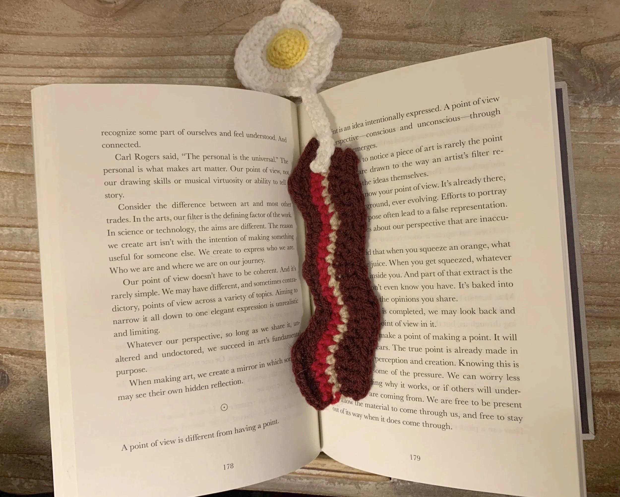 Bacon and Egg Bookmark, 2023, original pattern crocheted in acrylic.