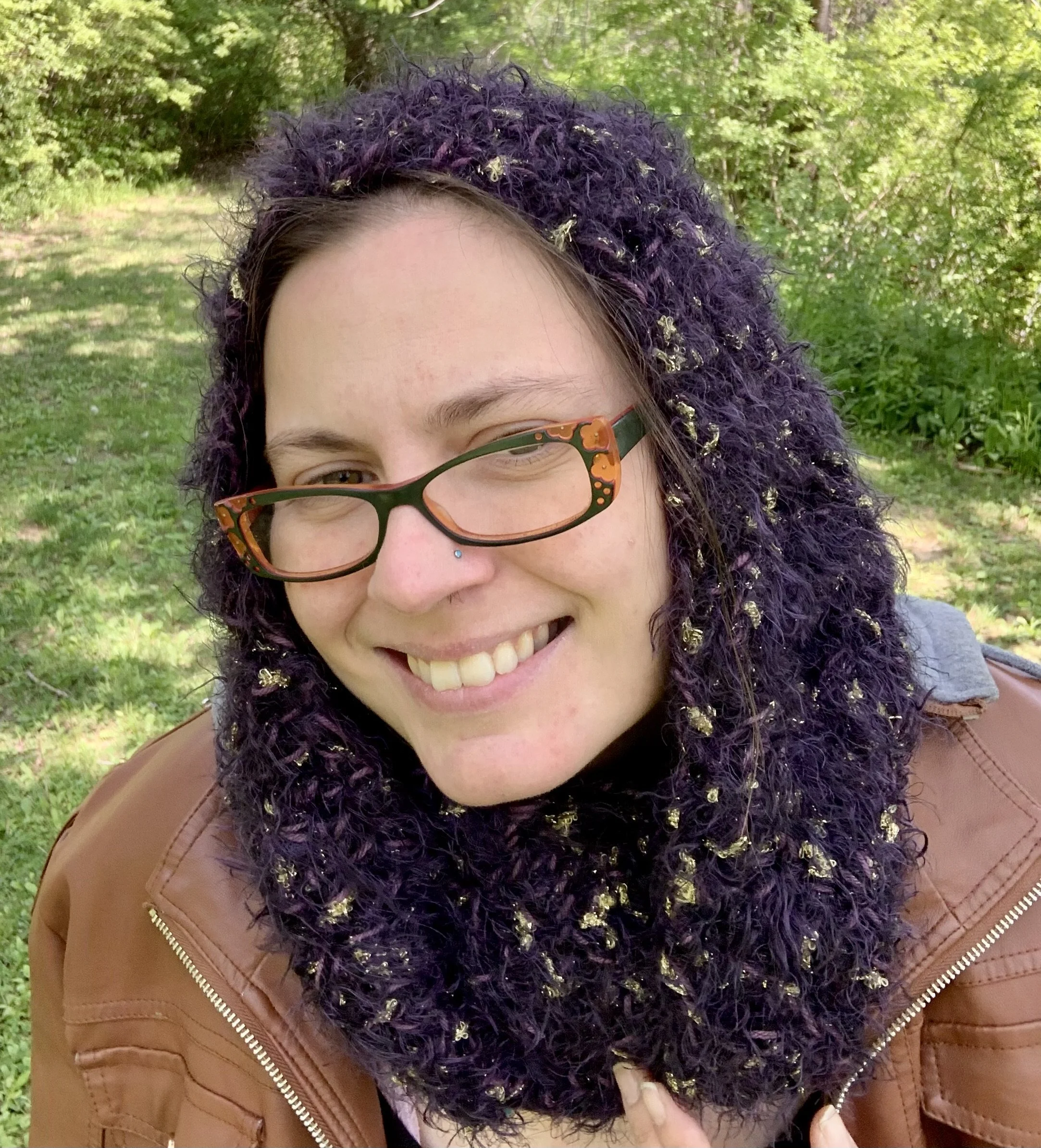 Amethyst Infinity Scarf, 2023, crocheted in rayon and acrylic.