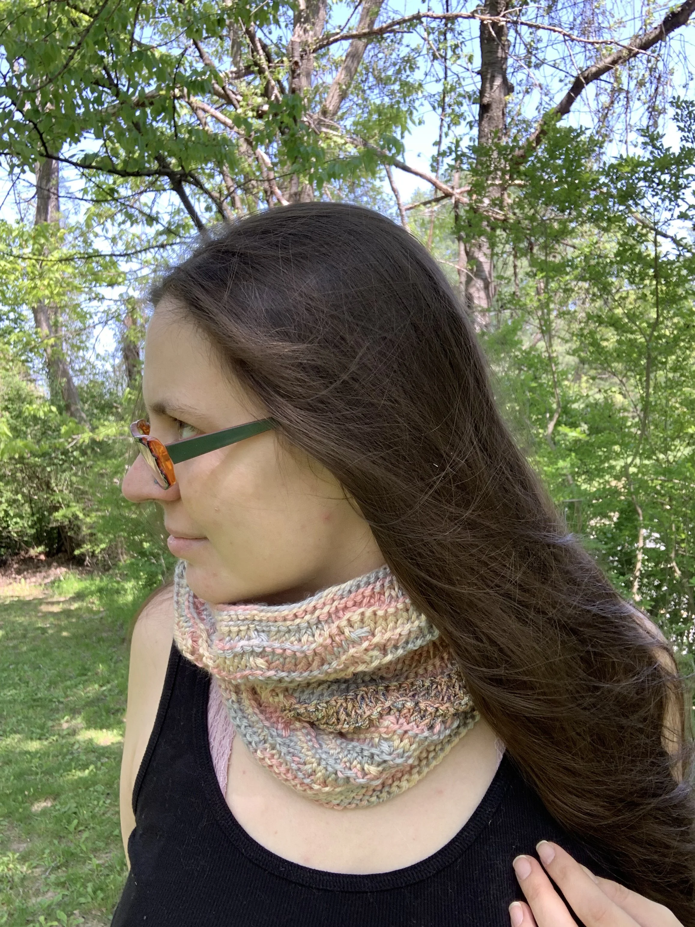 Coral Cowl, 2023, hand knit in acrylic