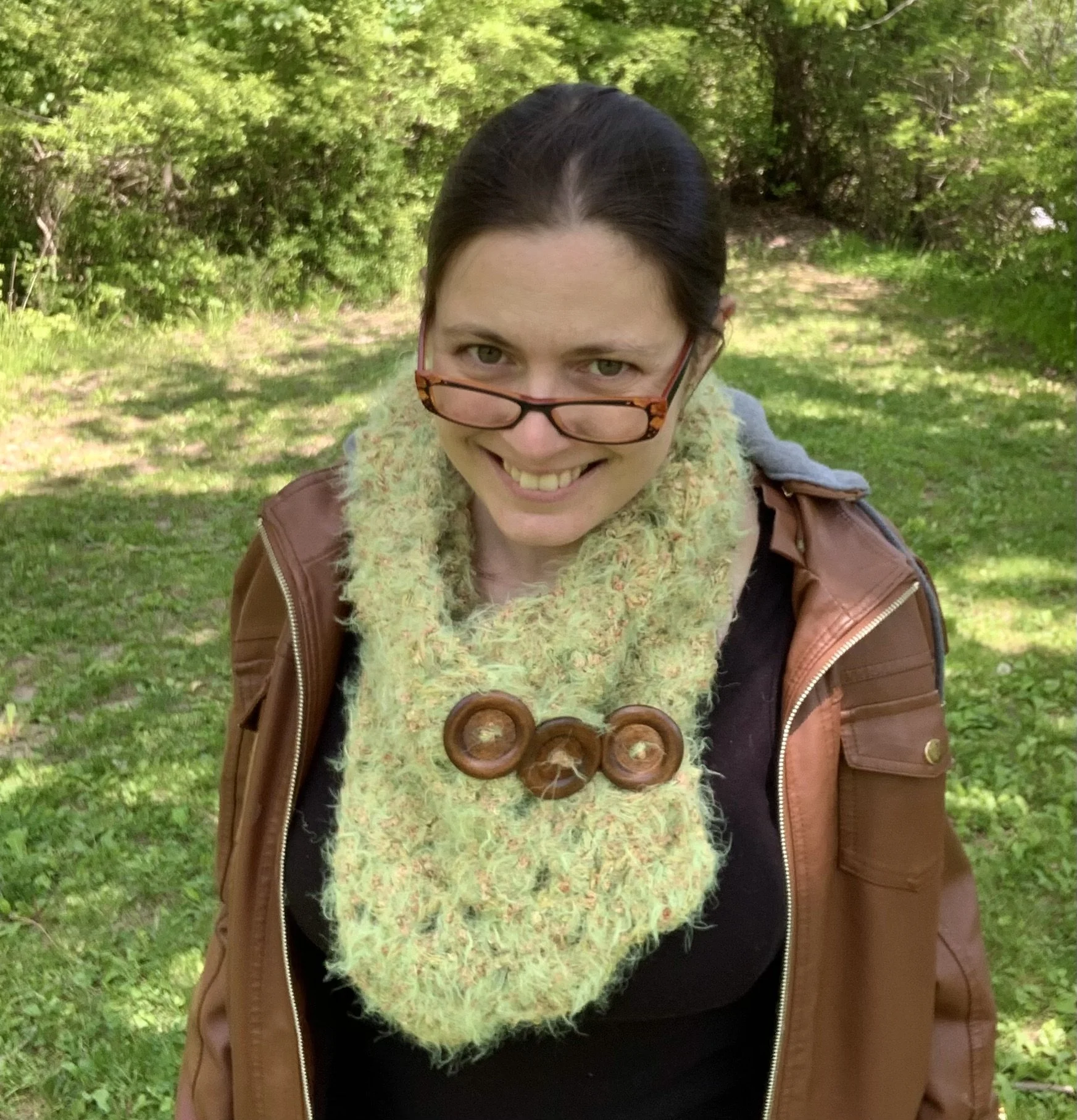 Glittering Woods Cowl, 2023, original pattern crocheted in rayon, polyester, and acrylic with wooden buttons.